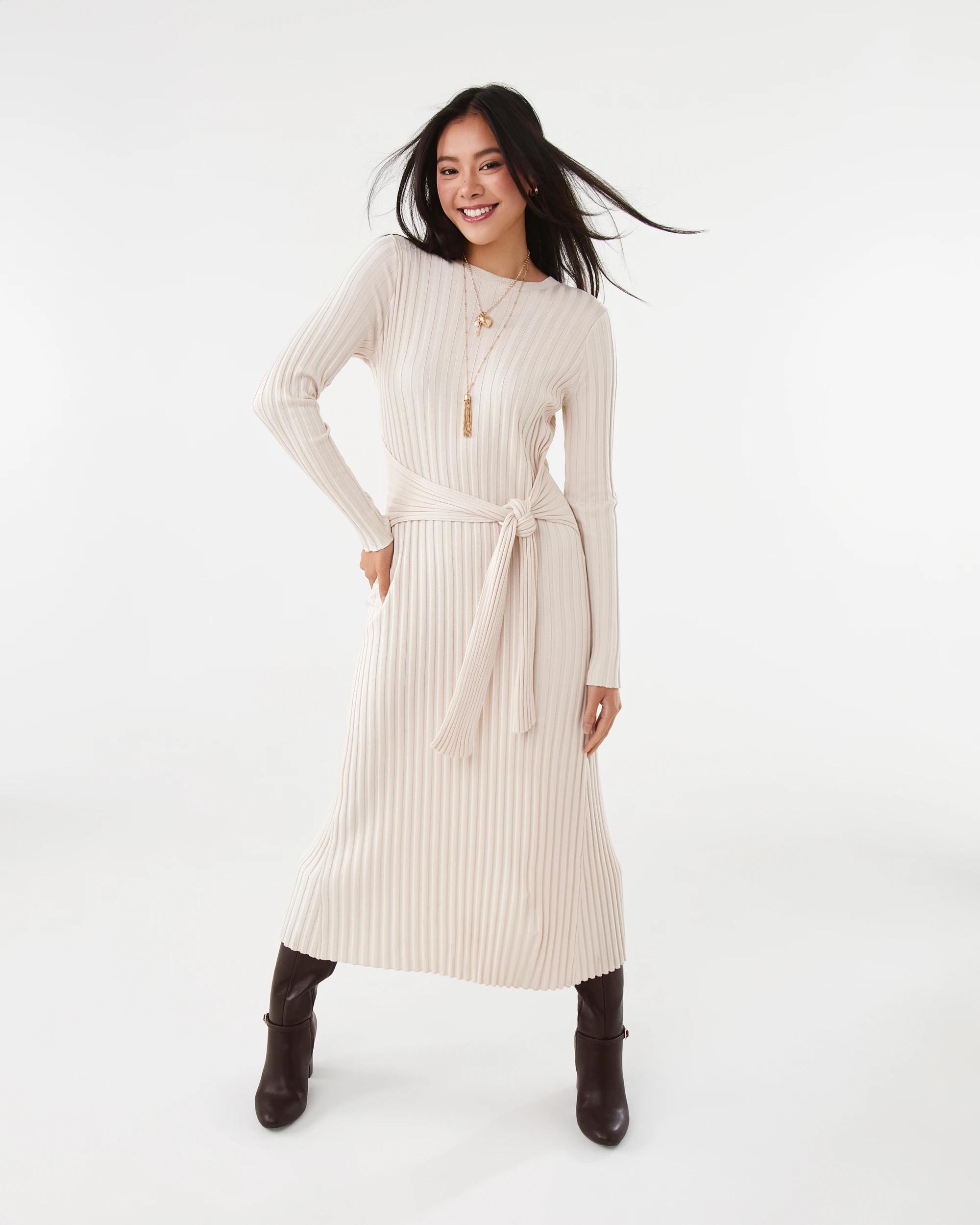 1 Long Sleeve Waist Tie Maxi Dress Nat Beige, 1 of 7