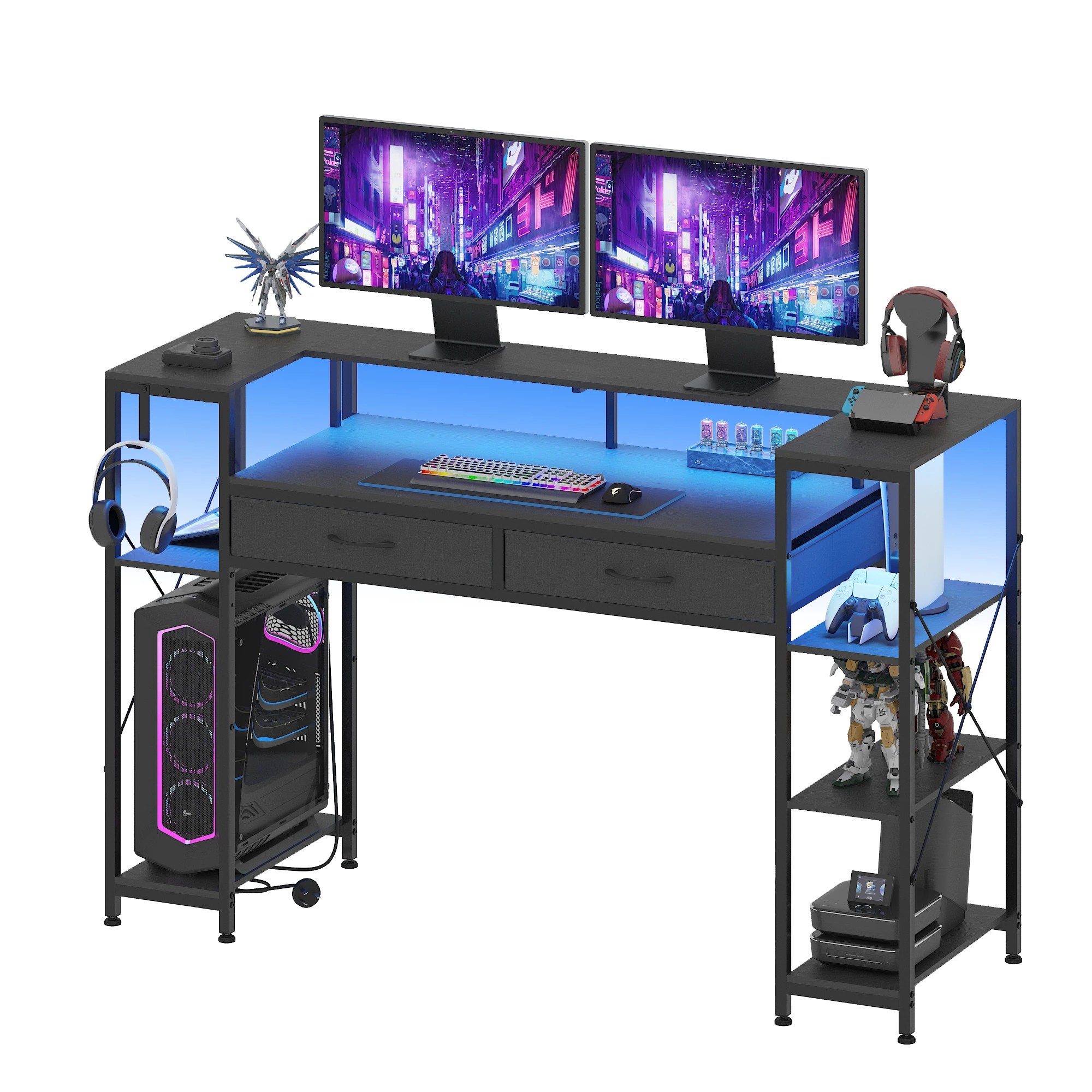 1 Advwin LED Gaming Desk w/ Monitor Stand & Power Outlets  Computer Table w/ Shelf hook - Black, 1 of 9