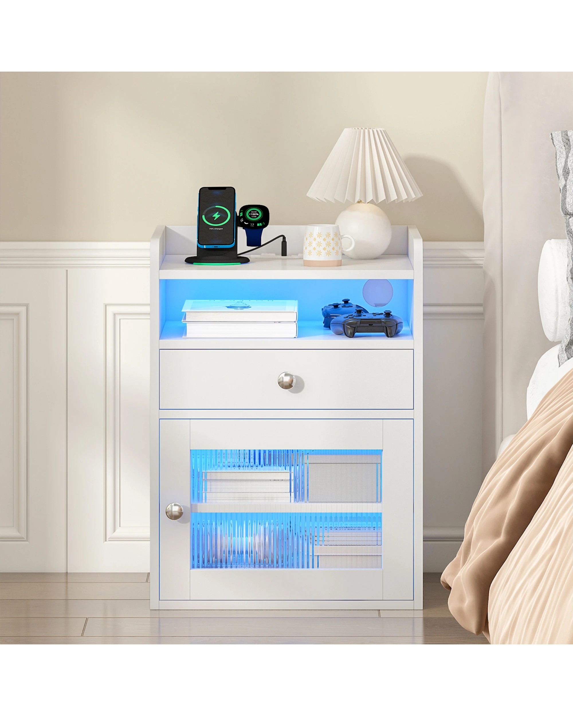 5 Advwin Bedside Table Acrylic Door With with Charging Station & LED Light - White, 5 of 7