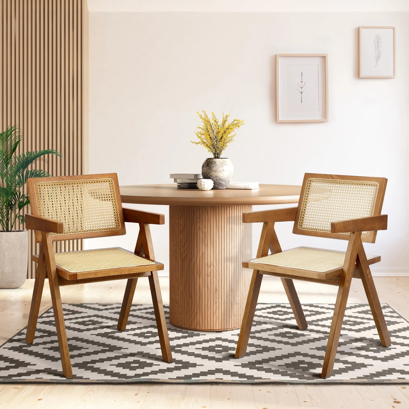 2 Oikiture 2x Dining Chairs Rattan Chair Wooden Accent Chair Walnut
 - Brown, 2 of 10