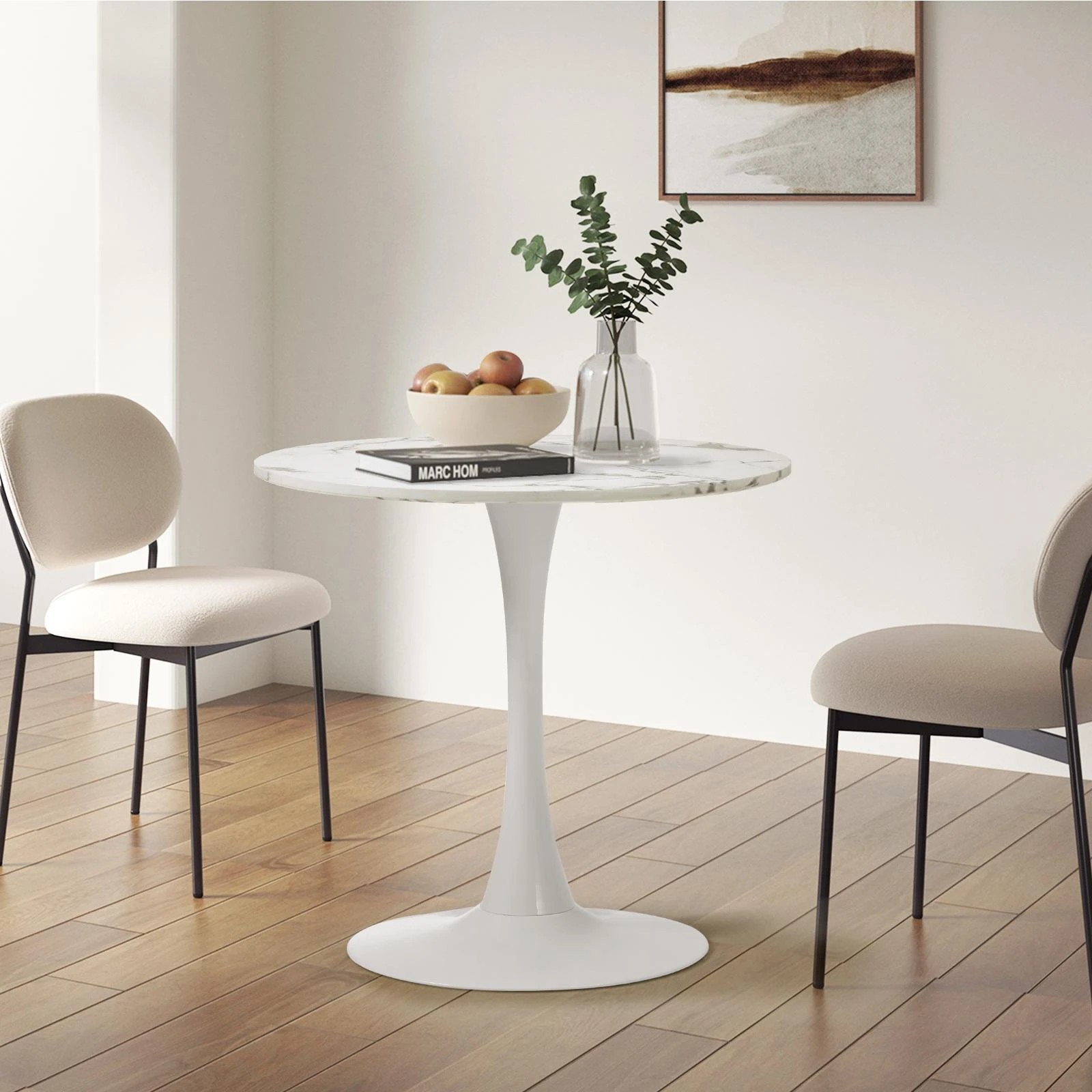 3 Oikiture 60cm Dining Table Kitchen Marble Tulip Round Metal Leg
 - White, 3 of 9