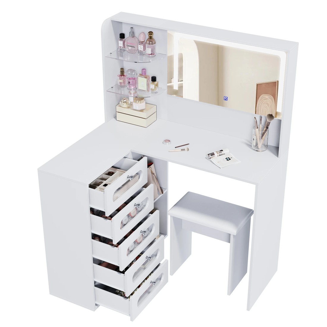 5 Advwin Corner Dressing Table L Shaped with Mirror and Lights 5 Drawers - White, 5 of 7