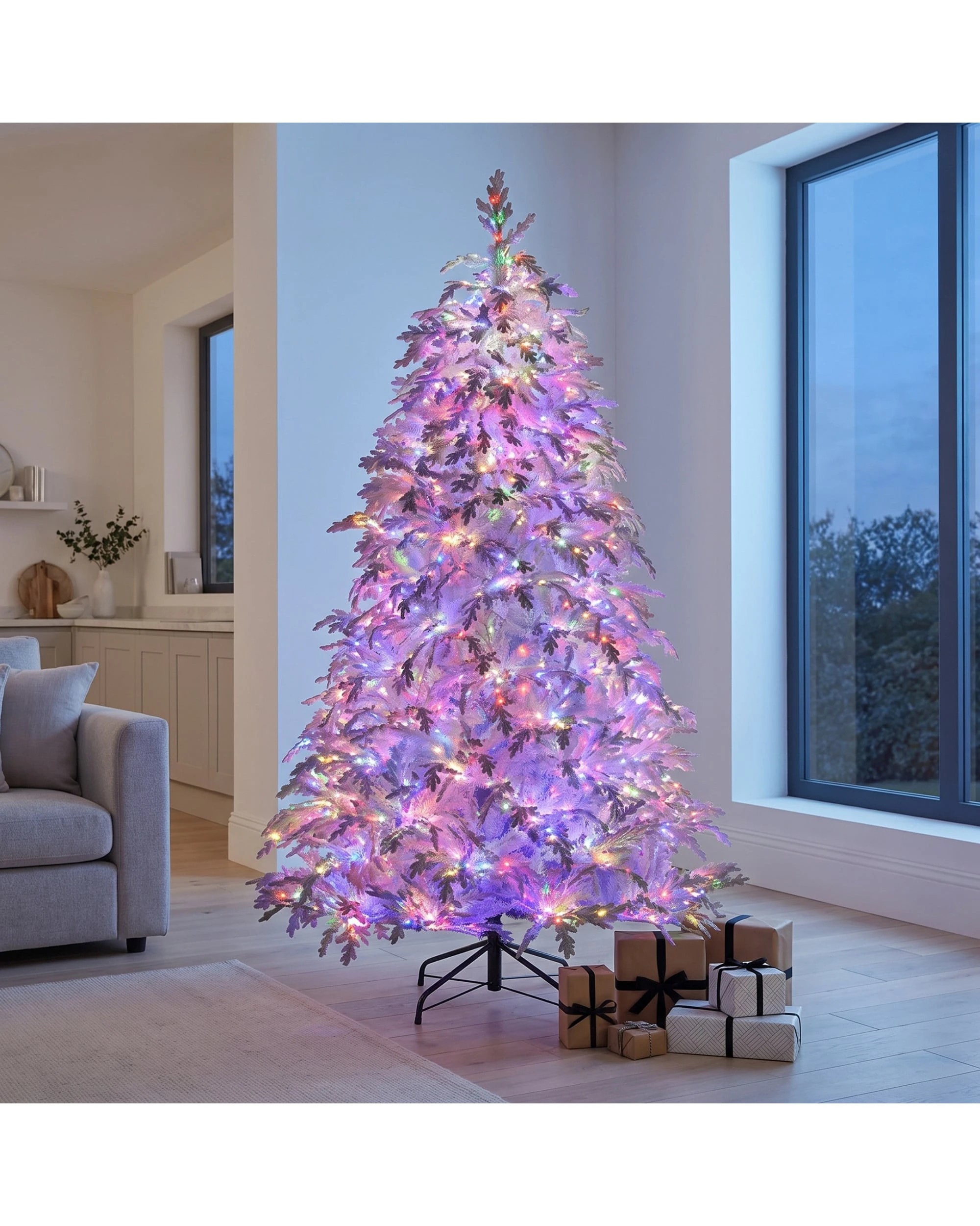 7.5ft 2.3m Pre-Lit White Flocked Artificial Christmas Tree, 1650 Multi ...