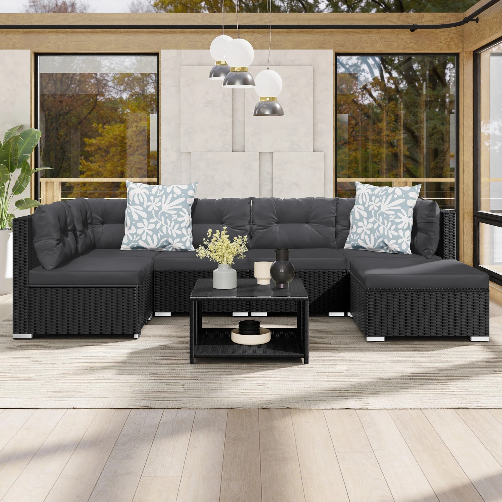 10 Alfordson 6 Seater Outdoor Lounge Setting 7PCS Sofa Set Furniture Patio - Black, 10 of 10