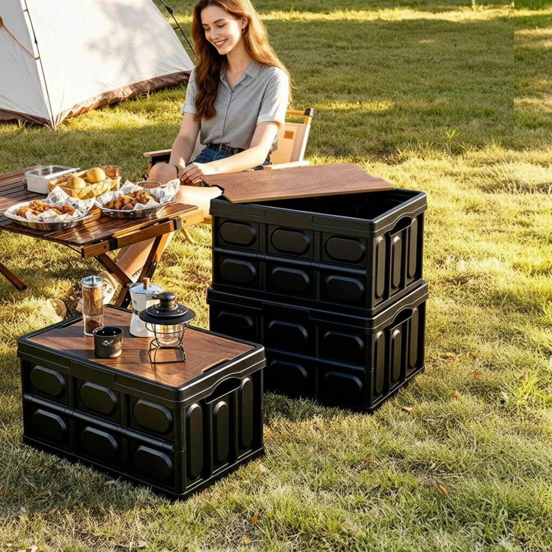 4 Gardeon Collapsible Outdoor Storage Box 50L Stackable Folding Camping Organizer Plywood Lid - Black, 4 of 7