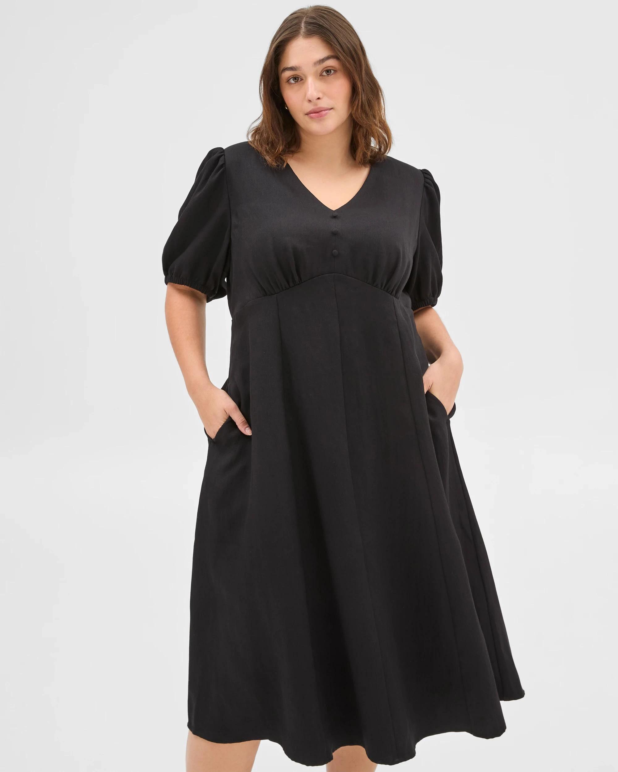 1 Target Curve Plus Size Puff Sleeve Midi Dress BLACK, 1 of 6