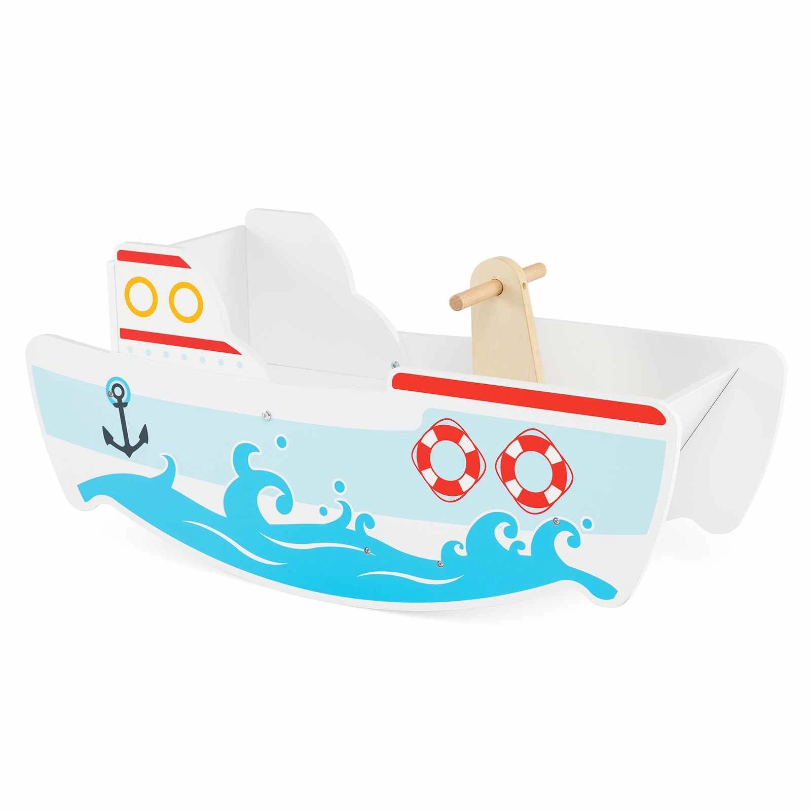 1 Costway Wooden Rocking Horse Ride on Toy Rocker Nautical Ship Riding Boat, 1 of 2