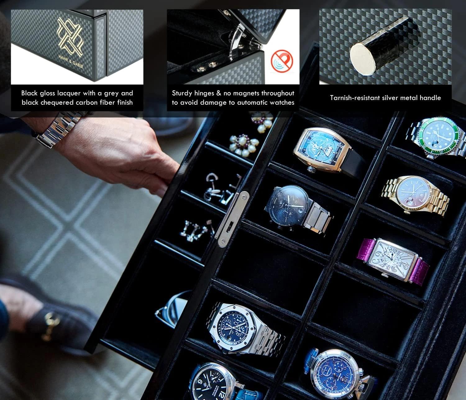 6 HAWK & GABLE 12 Slot Watch Box Organizer with Drawer Luxury Jewellery Case BLACK, 6 of 8