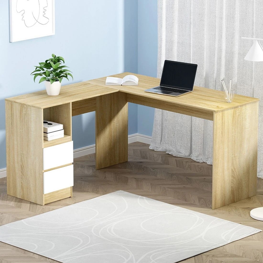 3 Artiss Computer Desk Drawer Cabinet L-Shape Oak 136CM - Brown, 3 of 6