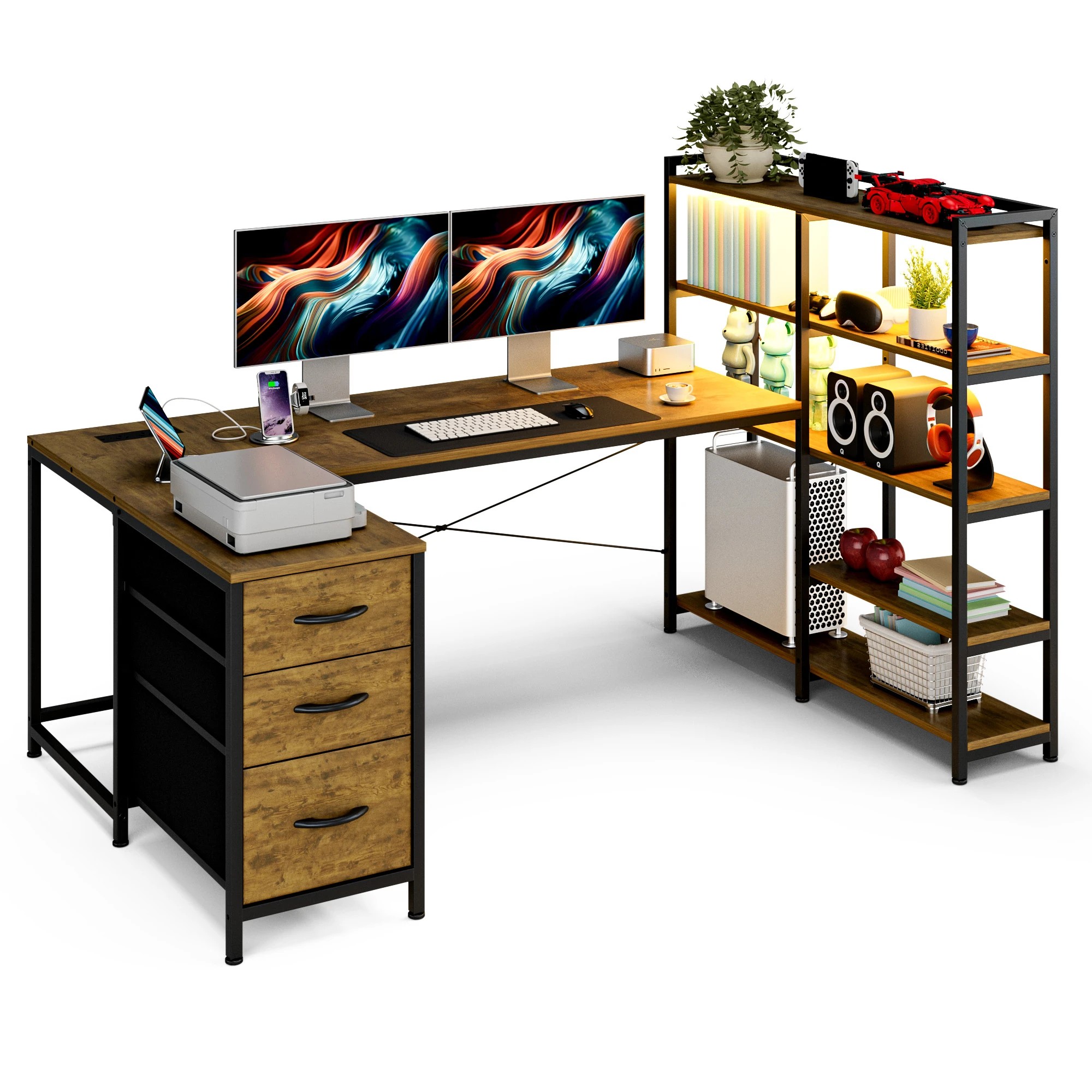9 Advwin U Shaped Gaming Desk With Led Lights & Power Outlets Reversible 164cm Computer Desk With Bookshelf Walnut, 9 of 10