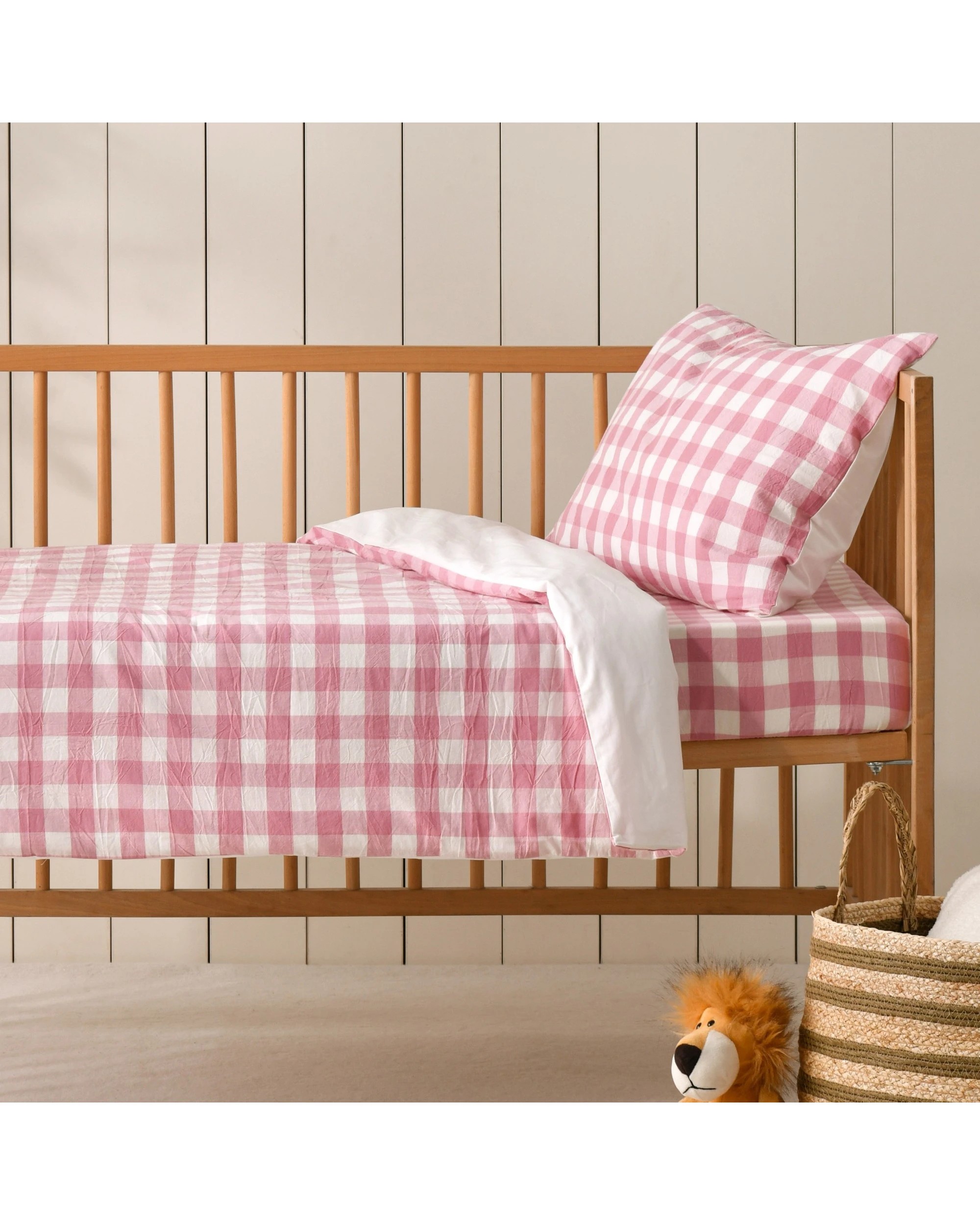 1 Dreamaker Baby Lola Washed Cotton Yarn Dyed Gingham Quilt Cover Set - COT Size - Pink Pearl, 1 of 7