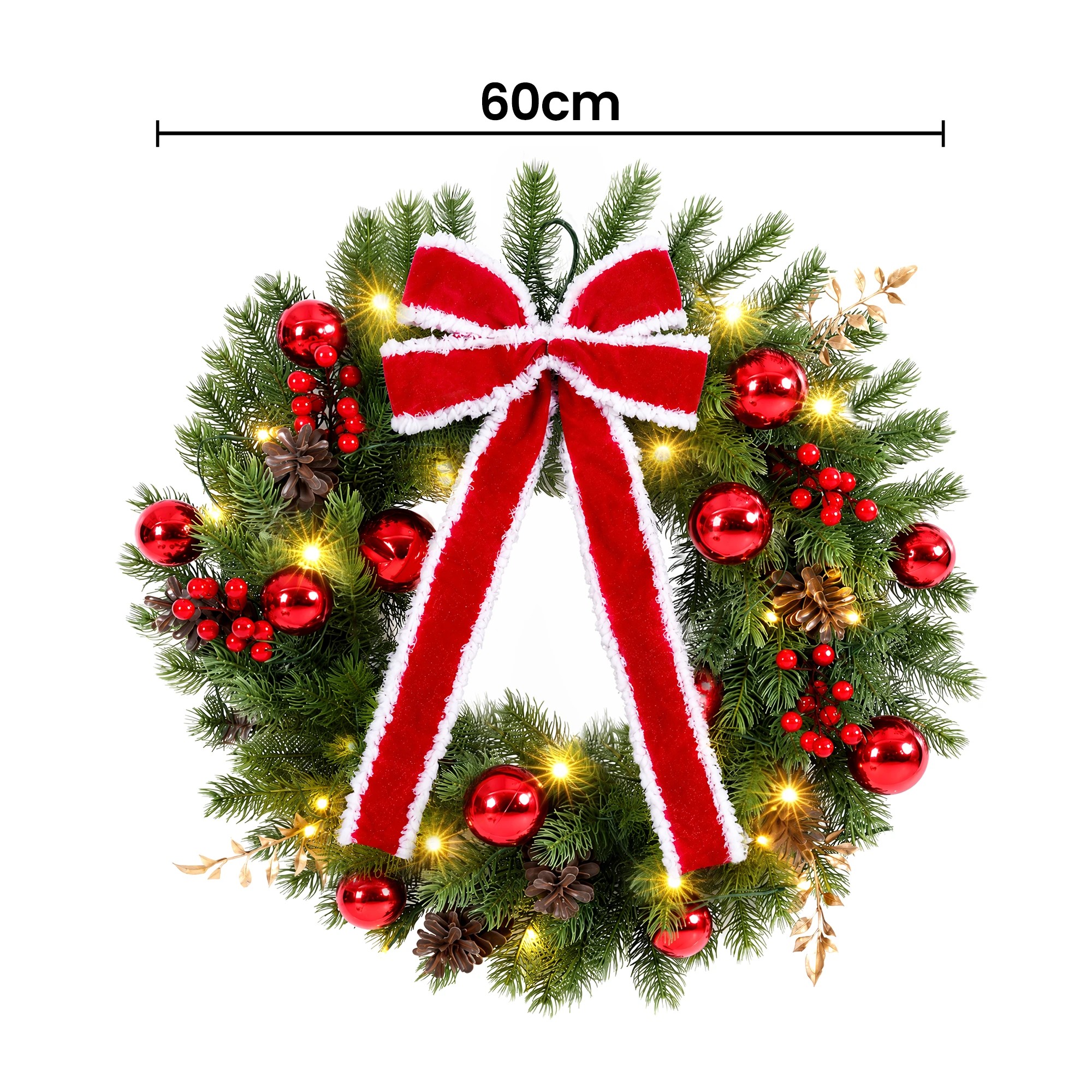 2 Jingle Jollys 60cm Pre-lit Christmas Wreath Garlands LED Light Front Door Decor Bow - Green, 2 of 7