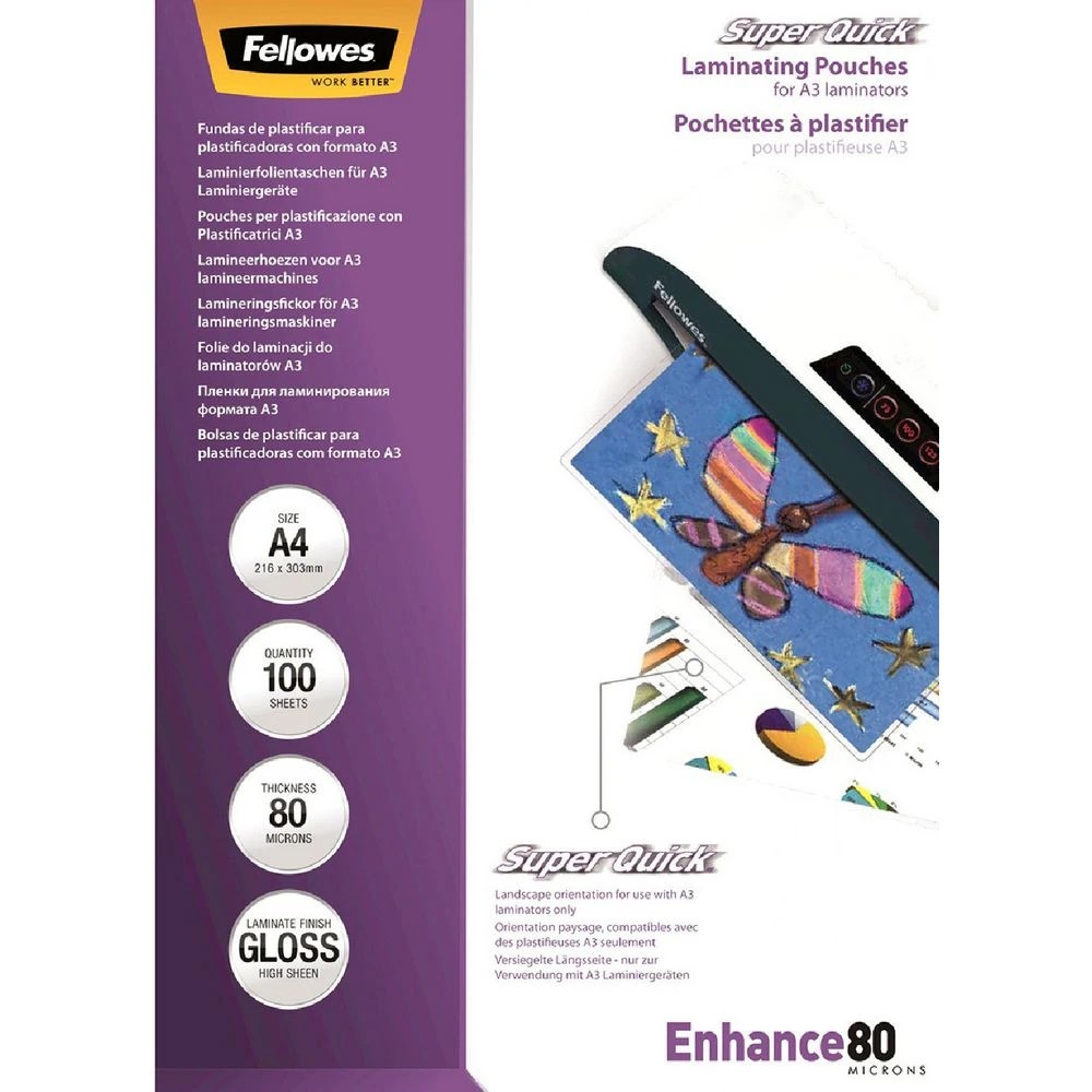 1 Fellowes A4 80 Micron SuperQuick Laminating Pouches 100 Pack, 1 of 2