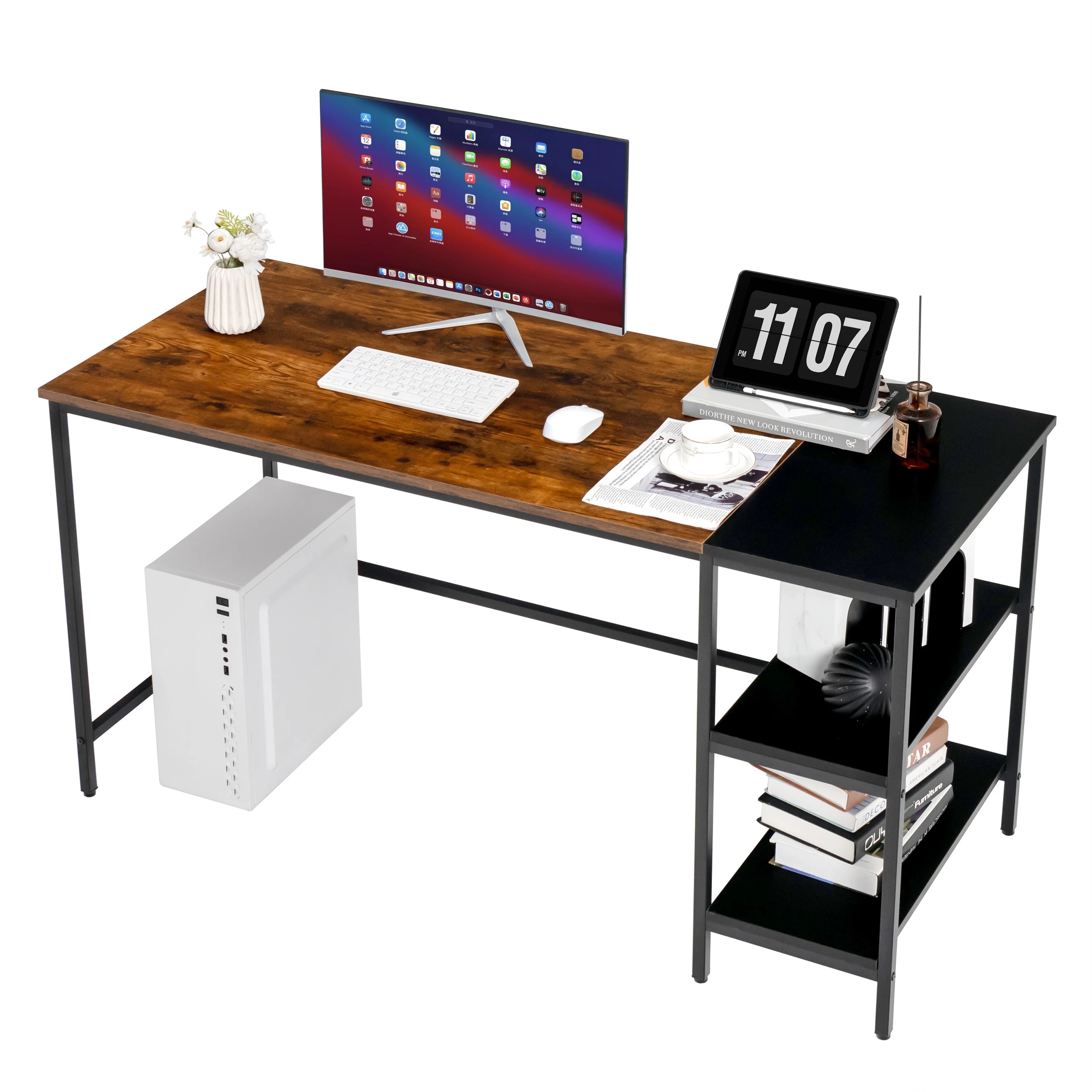5 Costway 140cm Reversible Computer Desk Writing Study Table w/Bookshelf, 5 of 6