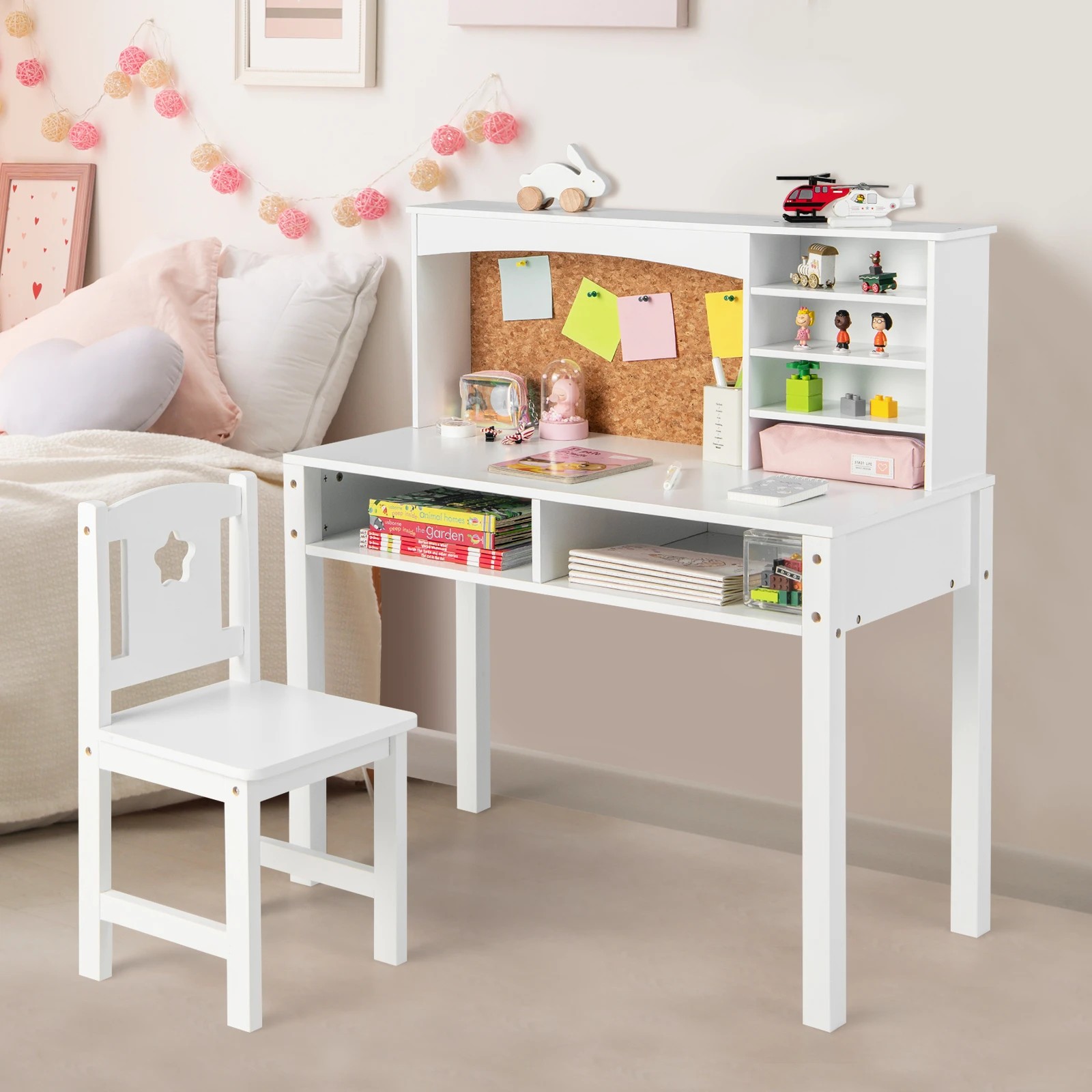4 Costway Kids Desk & Chair Set Wood Study Table w/Bulletin Board White, 4 of 5