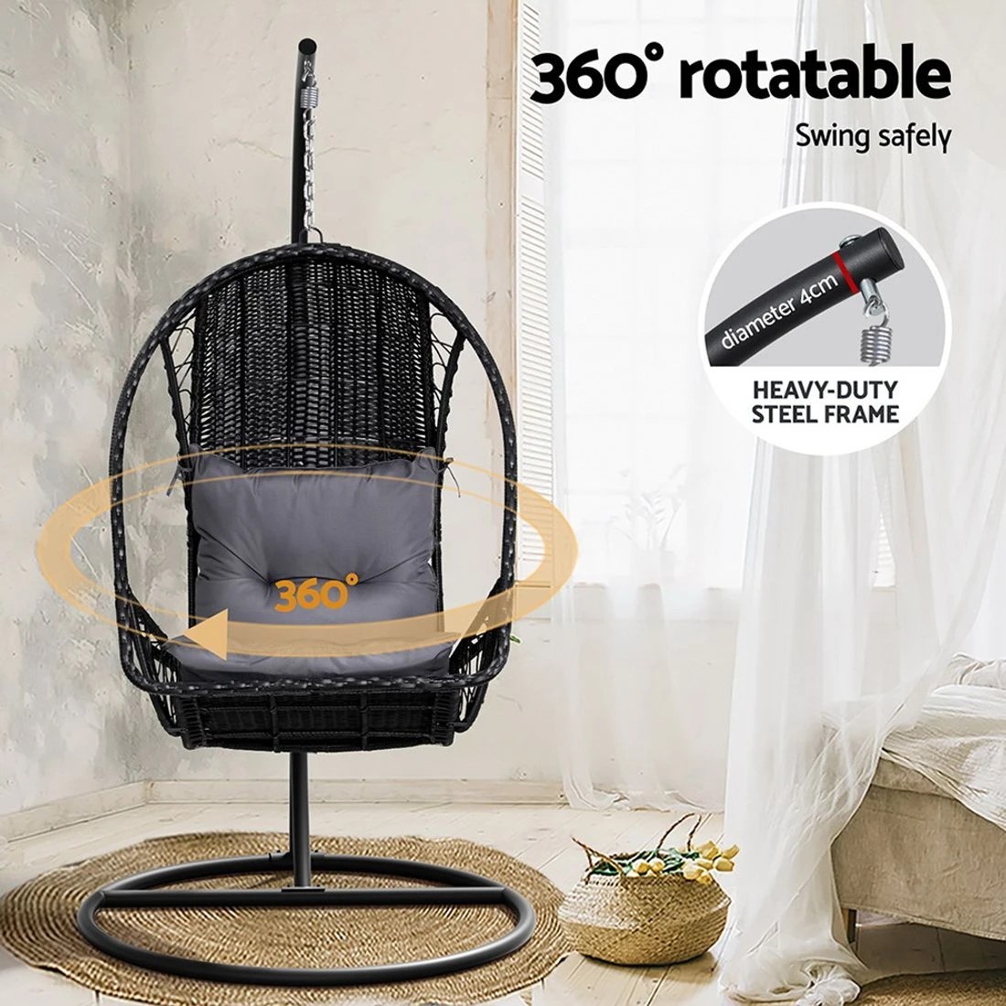 7 Gardeon Outdoor Egg Swing Chair Wicker Furniture Pod Stand Armrest - Black, 7 of 7