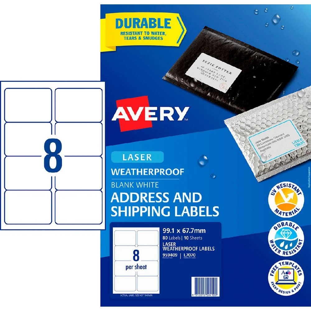 1 Avery 8UP Laser Weatherproof Shipping Labels White 10 Sheets, 1 of 3
