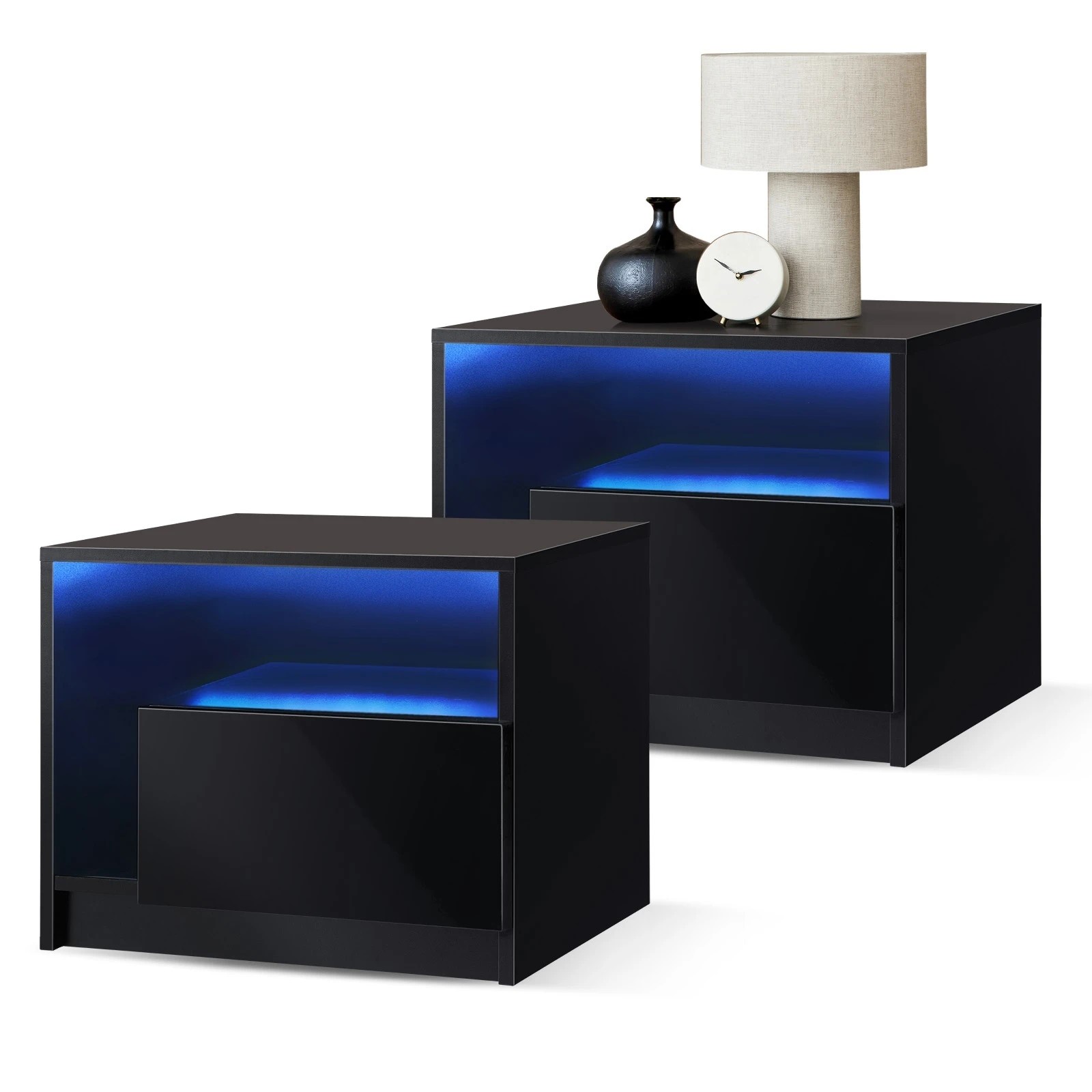 1 Oikiture Bedside Tables Set of 2 LED Side Table Drawers Nightstand - Black, 1 of 7