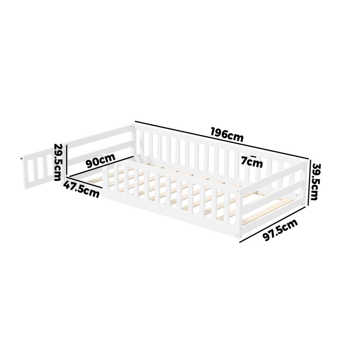 2 Oikiture Single Kids Bed Frame with Gate Fence Wood - White, 2 of 10