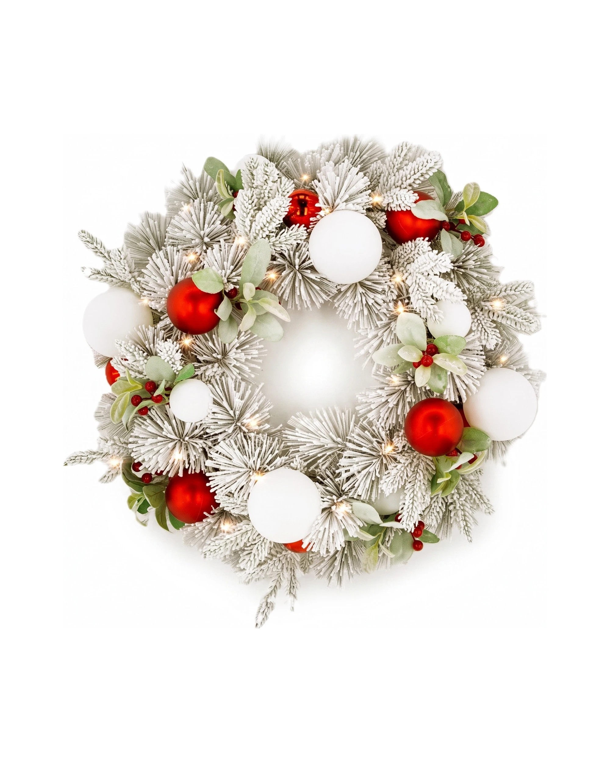 6 Christabelle 61cm Snowy Elegance Pre-Lit Christmas Wreath - Warm White LEDs, Red & White Baubles - White, 6 of 10