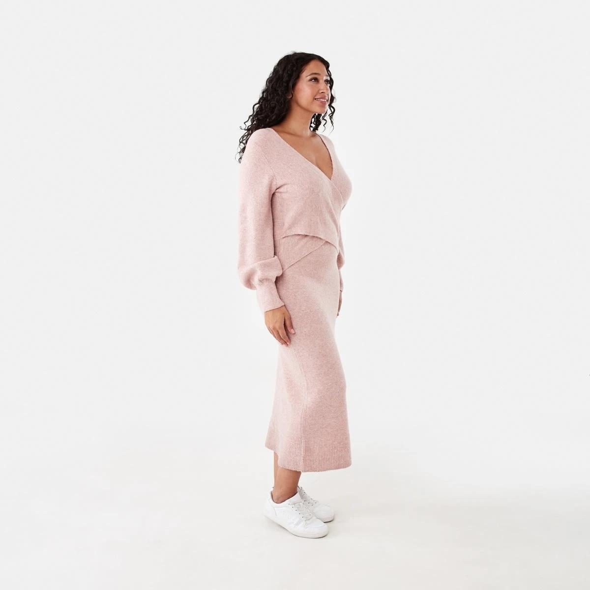 2 Long Sleeve Wrap Front Knit Midi Dress Rose Marl, 2 of 6