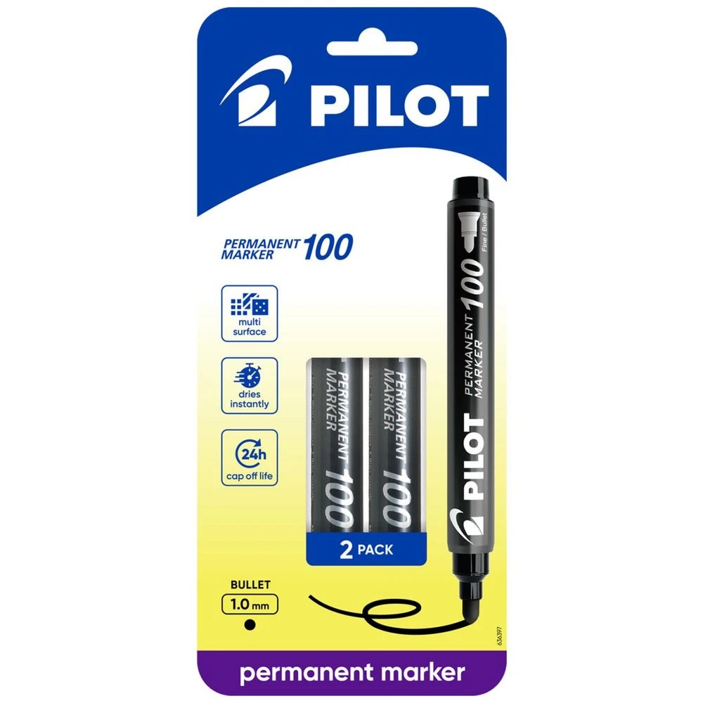 2 PILOT SCA100 Permanent Marker Bullet 1mm Black 2 Pack, 2 of 6
