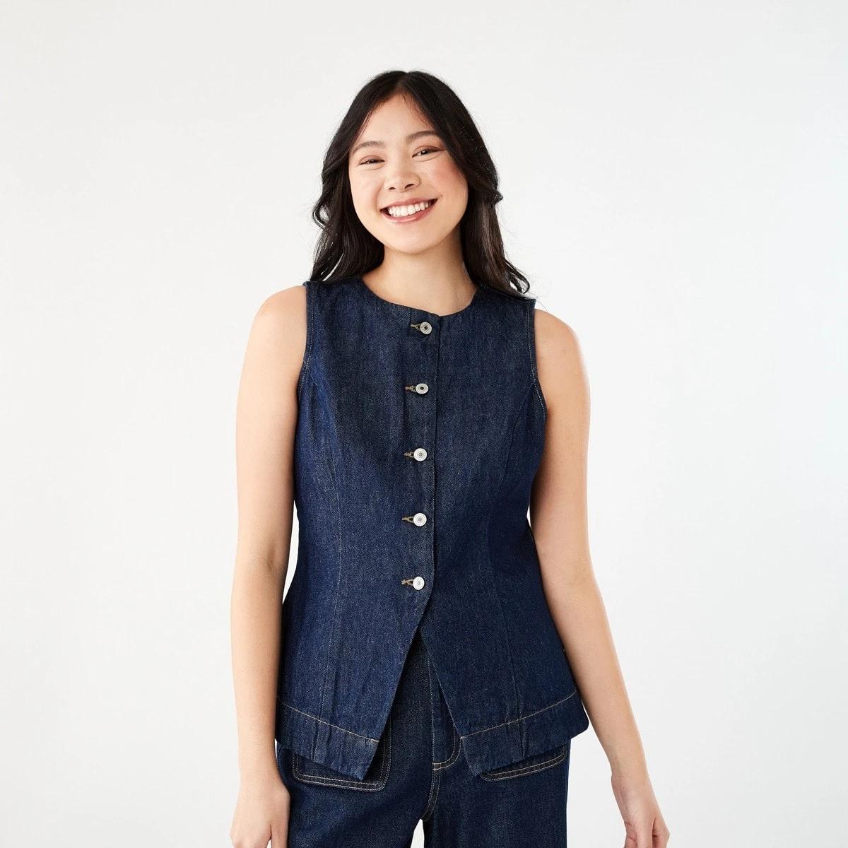 1 Sleeveless Longline Denim Vest INDIGO WASH, 1 of 8