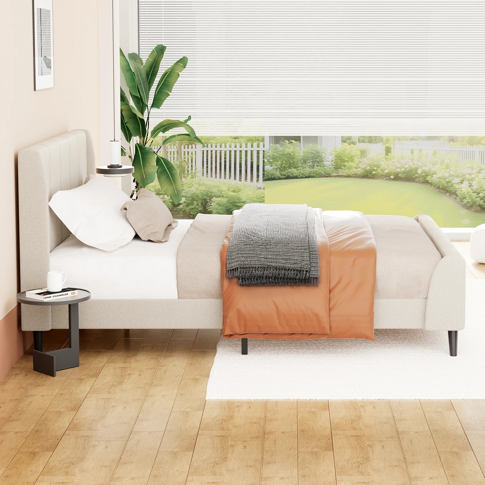 5 Alfordson Bed Frame Single Size Tufted Headboard Base Beige Fabric Hundolf - Beige, 5 of 10