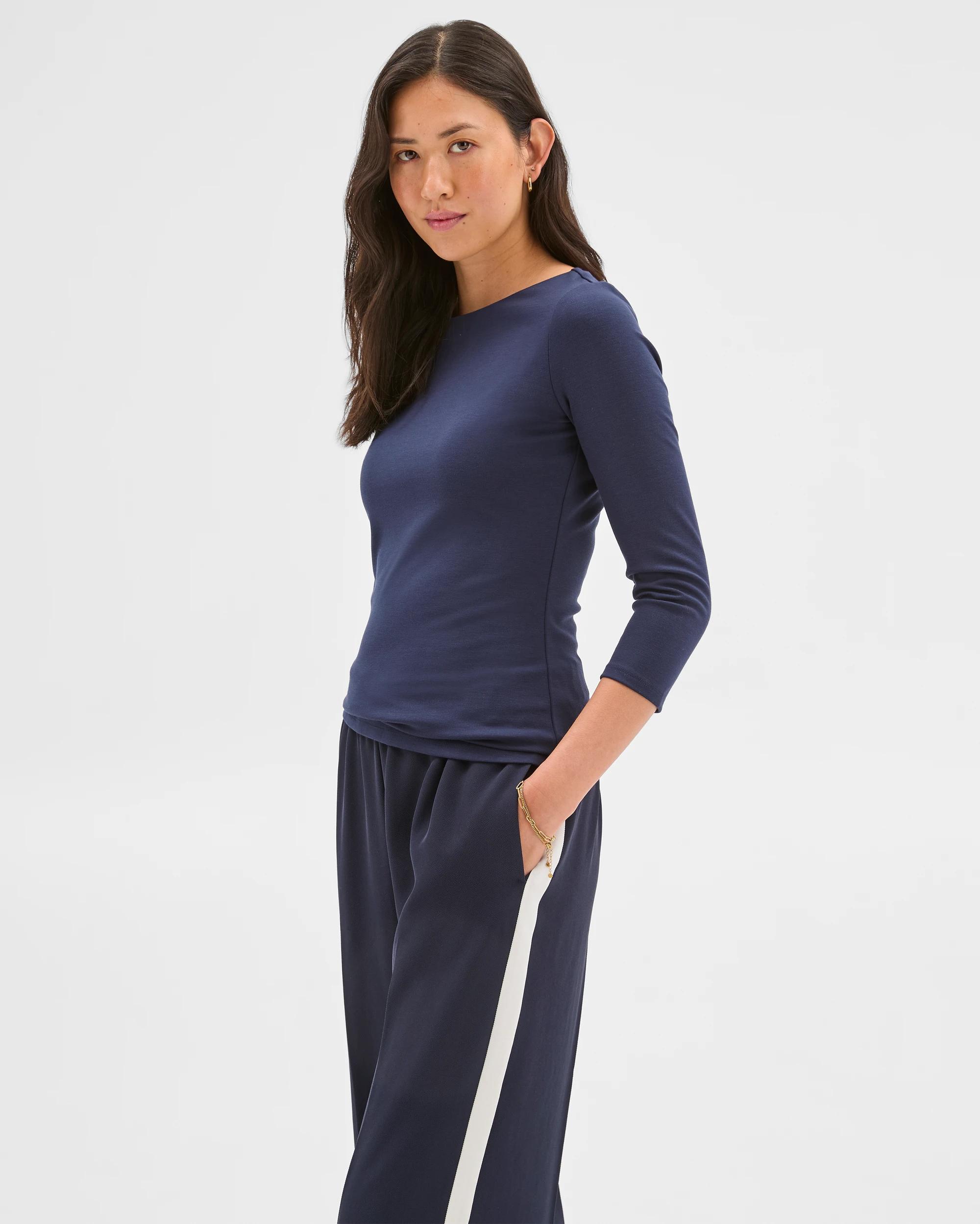 4 3/4 Sleeve Boat Neck Ponte Top - Preview NAVY BLUE, 4 of 5