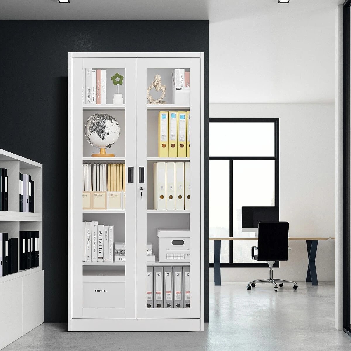 3 Ausway Steel Office Cabinet Filing Storage Shelf Lockable Tempered Glass 185x90x40cm, 3 of 6