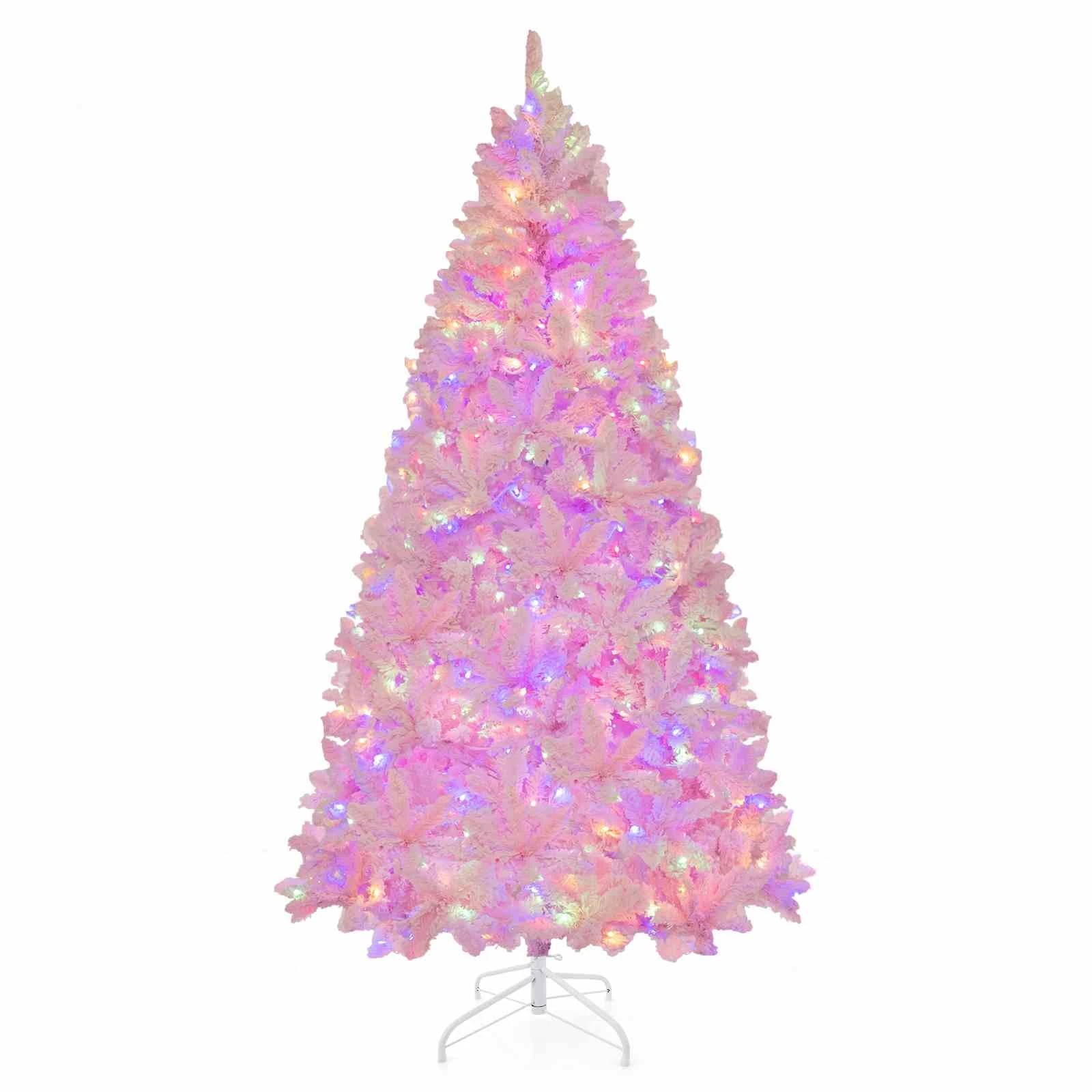 1 Costway 2.15M Pink Flocked Christmas Tree Pre-Lit Decoration Tree 500 LED Lights - Pink, 1 of 1