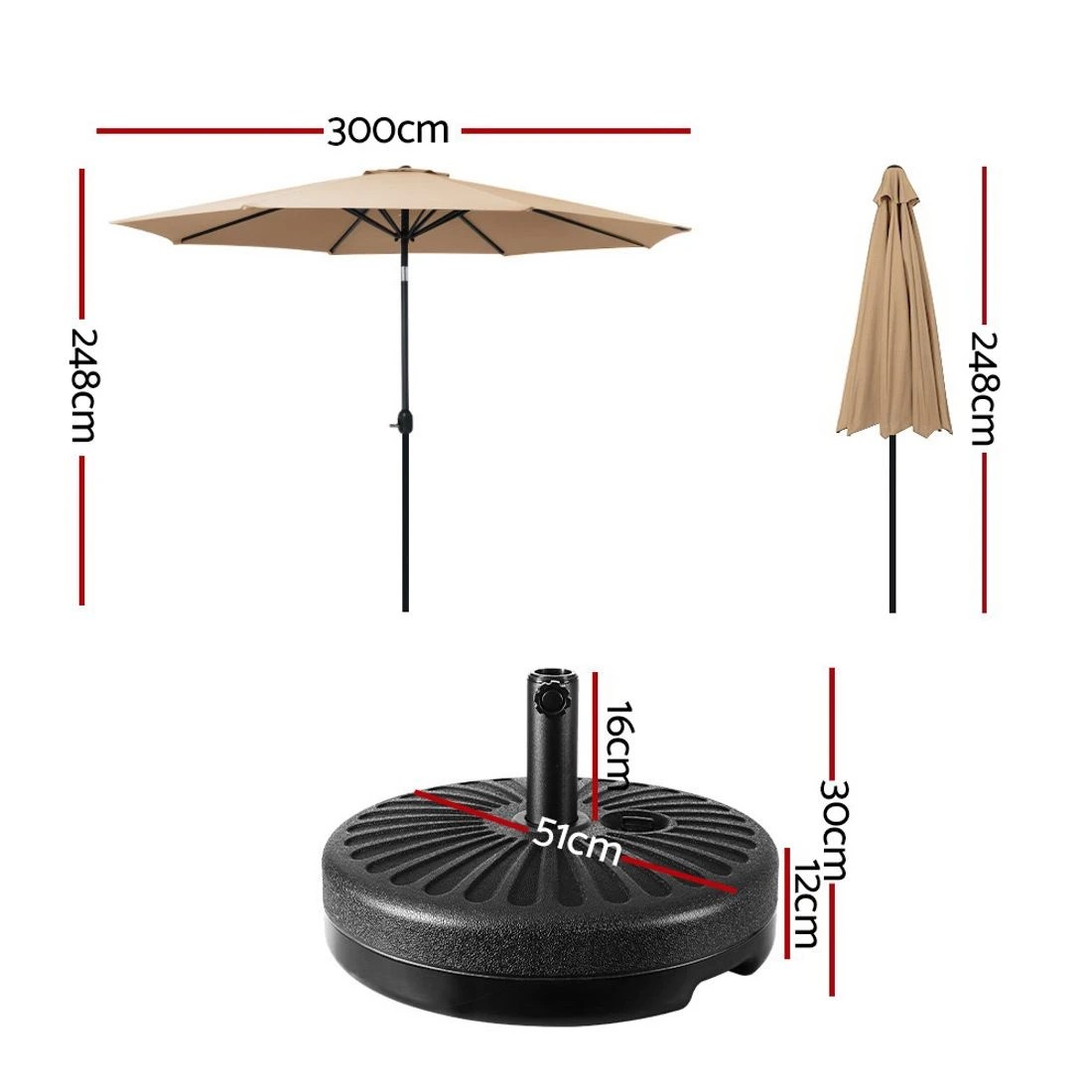 2 Instahut 3m Outdoor Umbrella w/Base Pole Tilt Beach Garden Patio Beige - White, 2 of 6