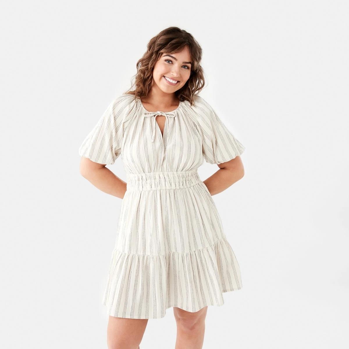 1 Short Sleeve Shirred Waist Mini Dress TRIPPLE STRIPE NATURAL BEIGE, 1 of 11