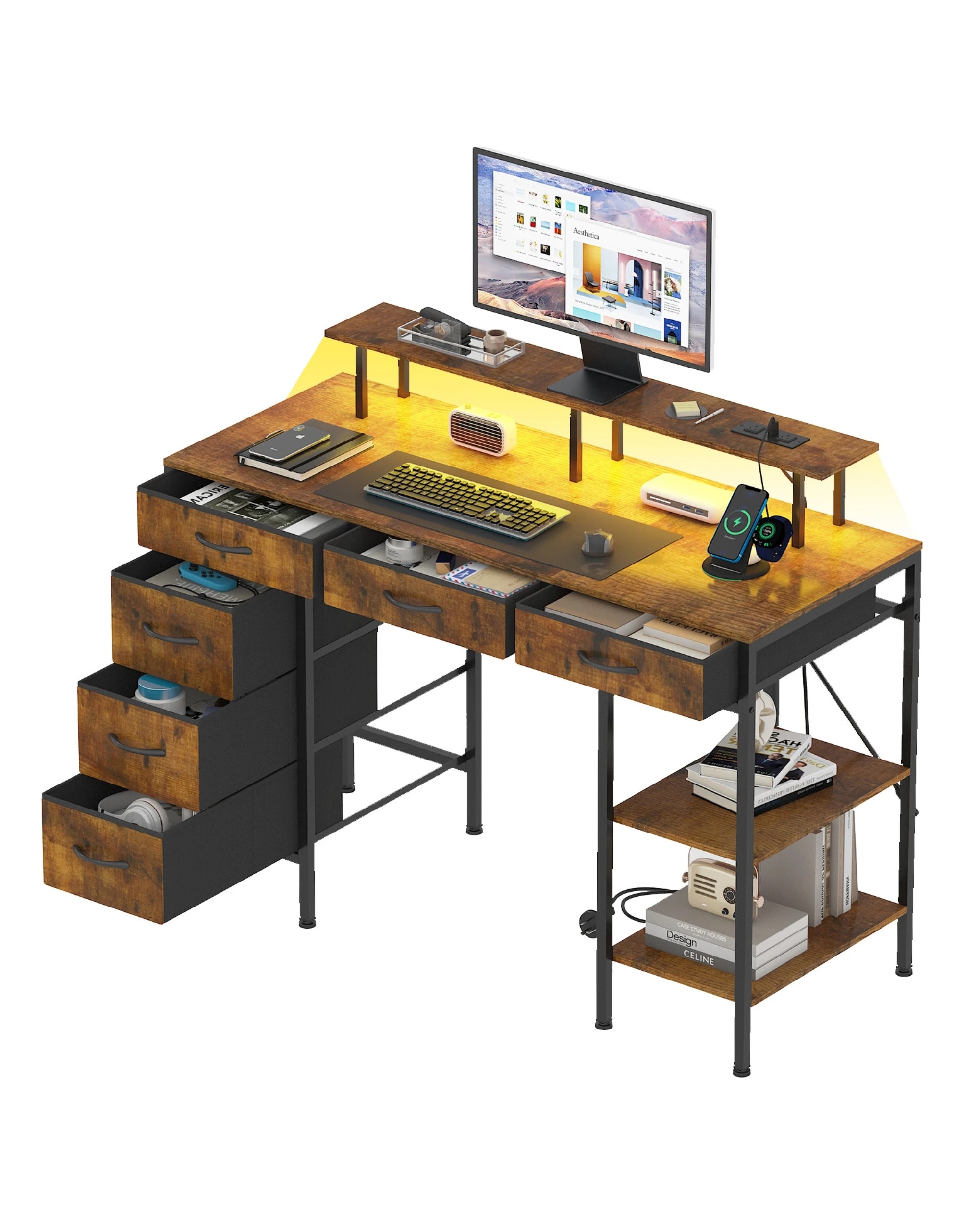 8 Advwin Computer Desk with LED Lights & Power Outlets, 120cm Gaming Desk with 6 Fabric Drawers, 8 of 9