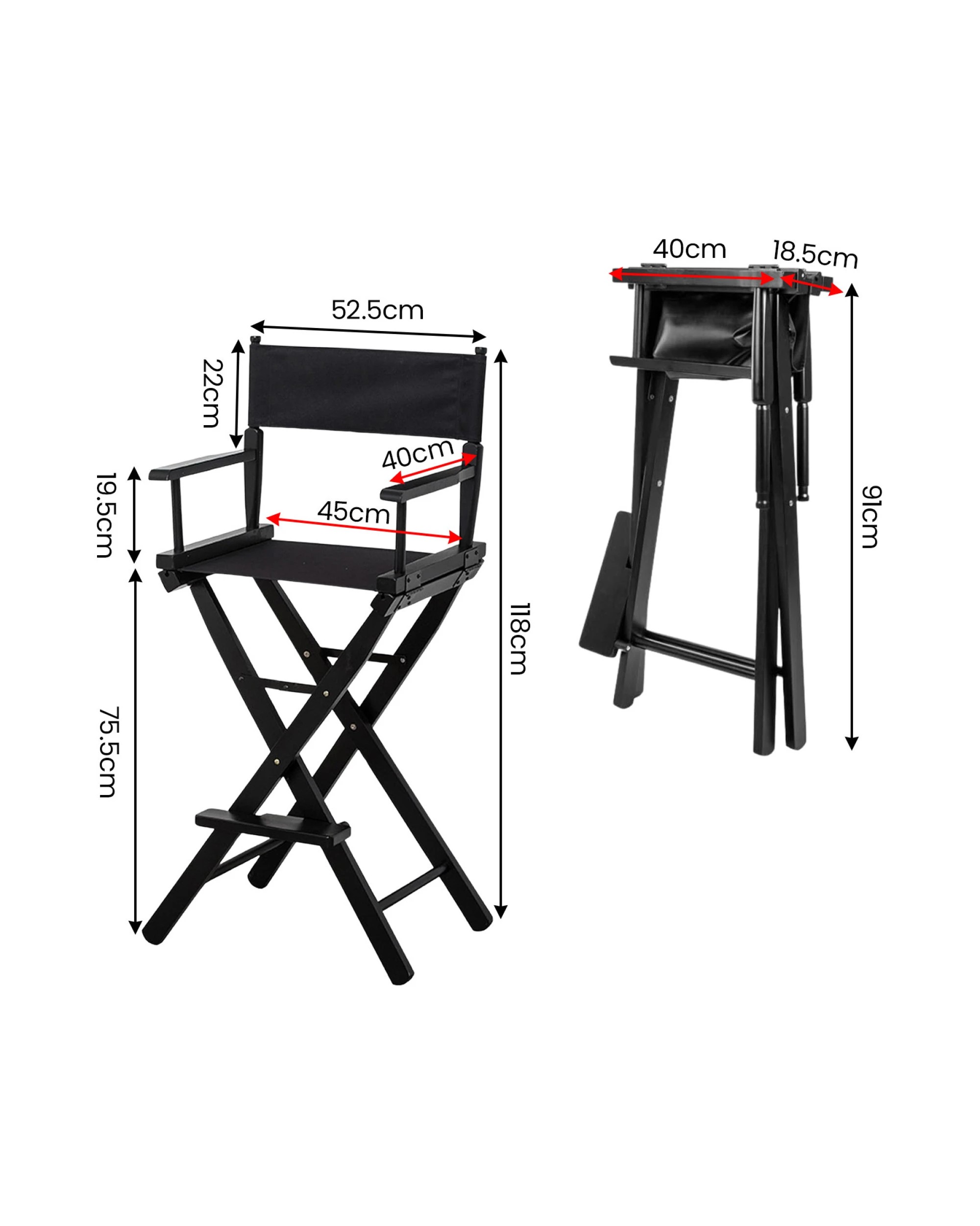 3 Sarantino Set of 2 Black Tall Directors Chair Beech Wood Frame with Canvas Seat, 3 of 6