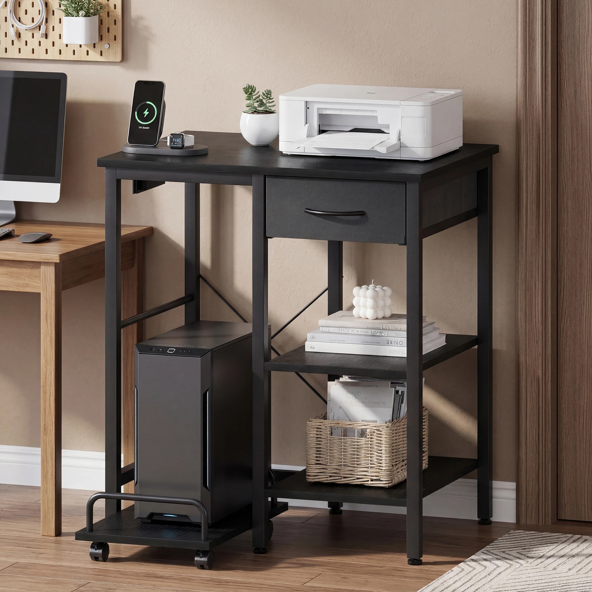 6 Advwin Printer Stand with Pull Out Shredder Shelf Charging Station Fabric Drawer Open Shelves - Black, 6 of 9