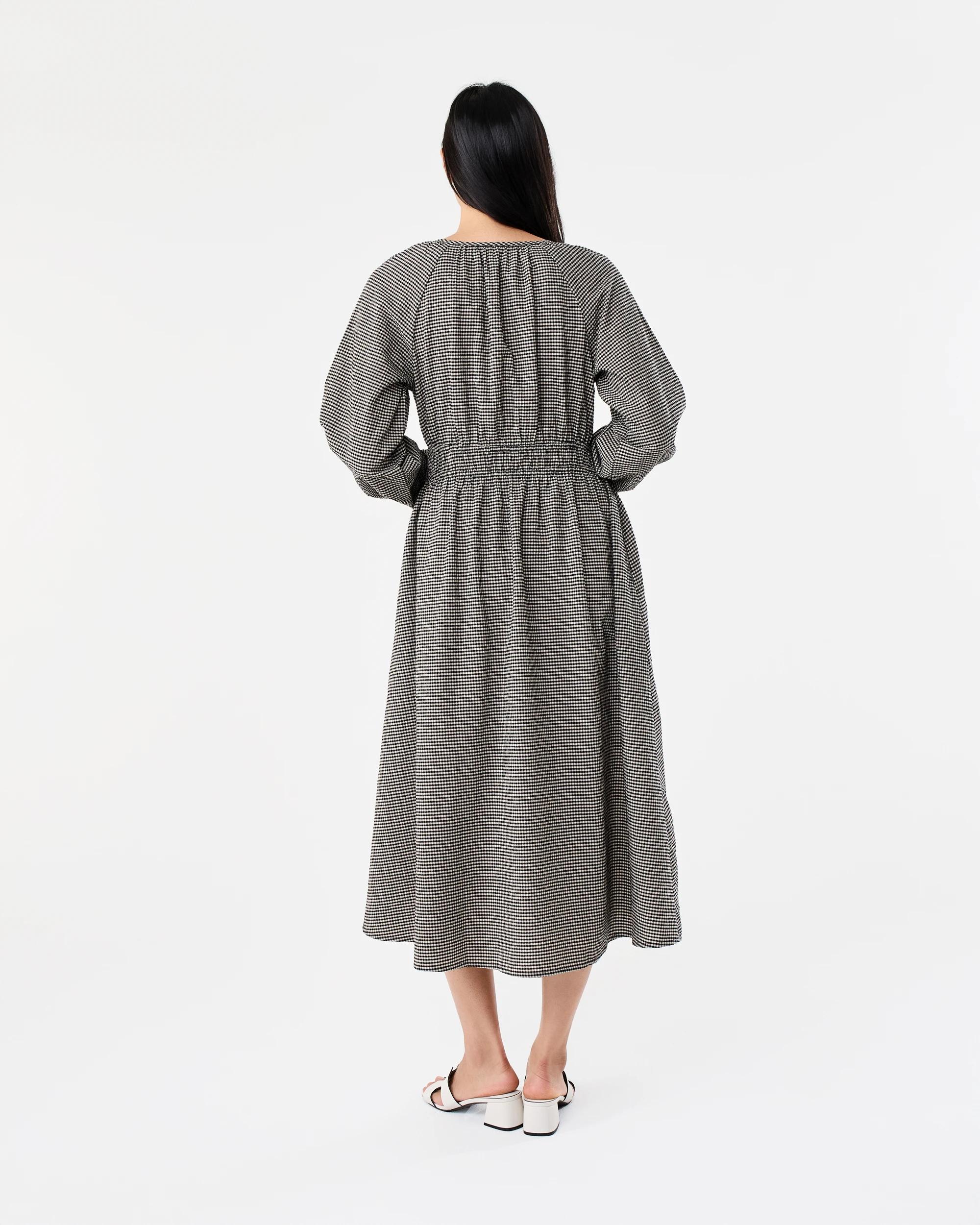 3 Long Sleeve V-Neck Gingham Midi Dress Black Ging, 3 of 7