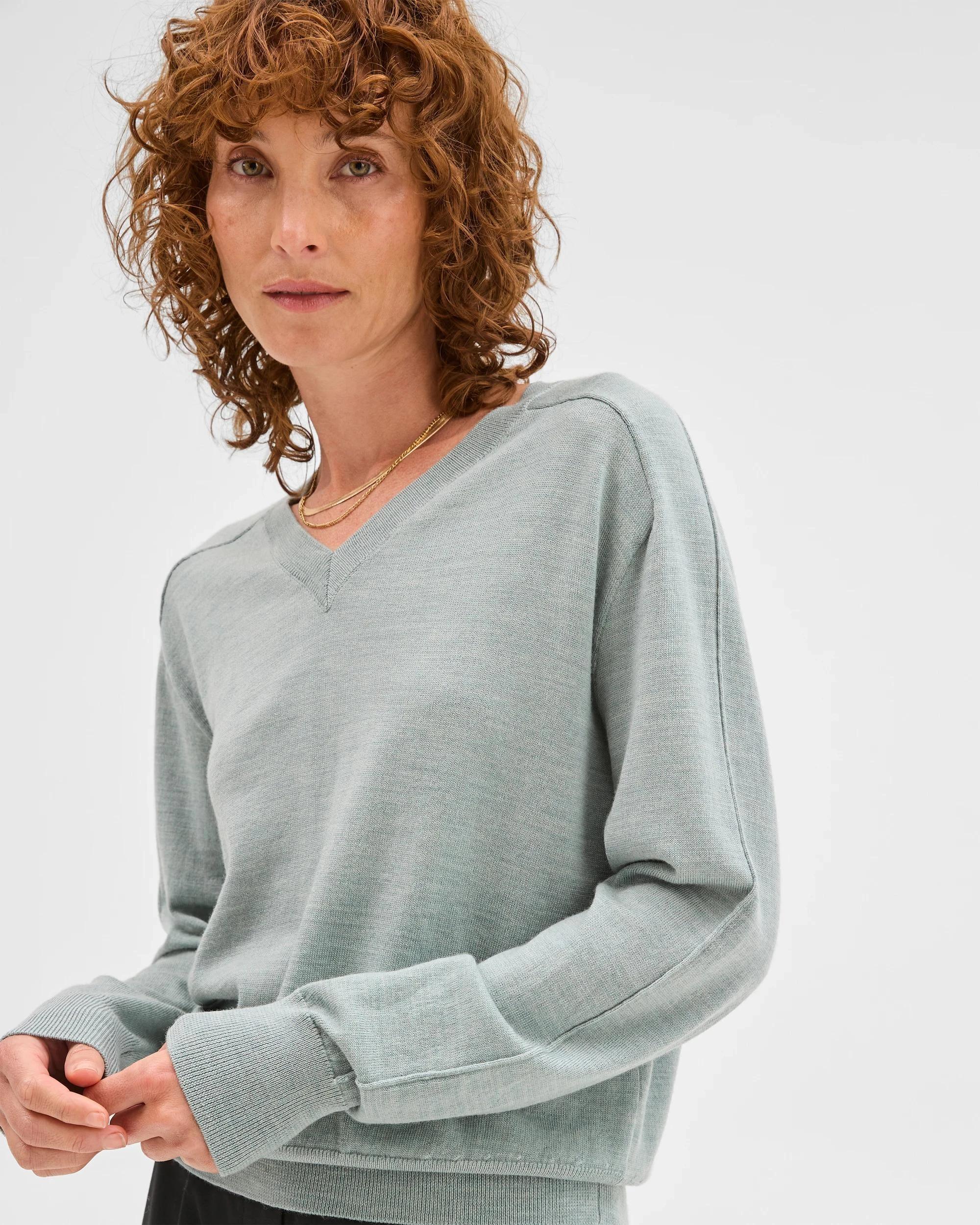 2 Preview Australian Merino Wool Long Sleeve V-Neck Knit Top GREEN SLATE MARLE, 2 of 6