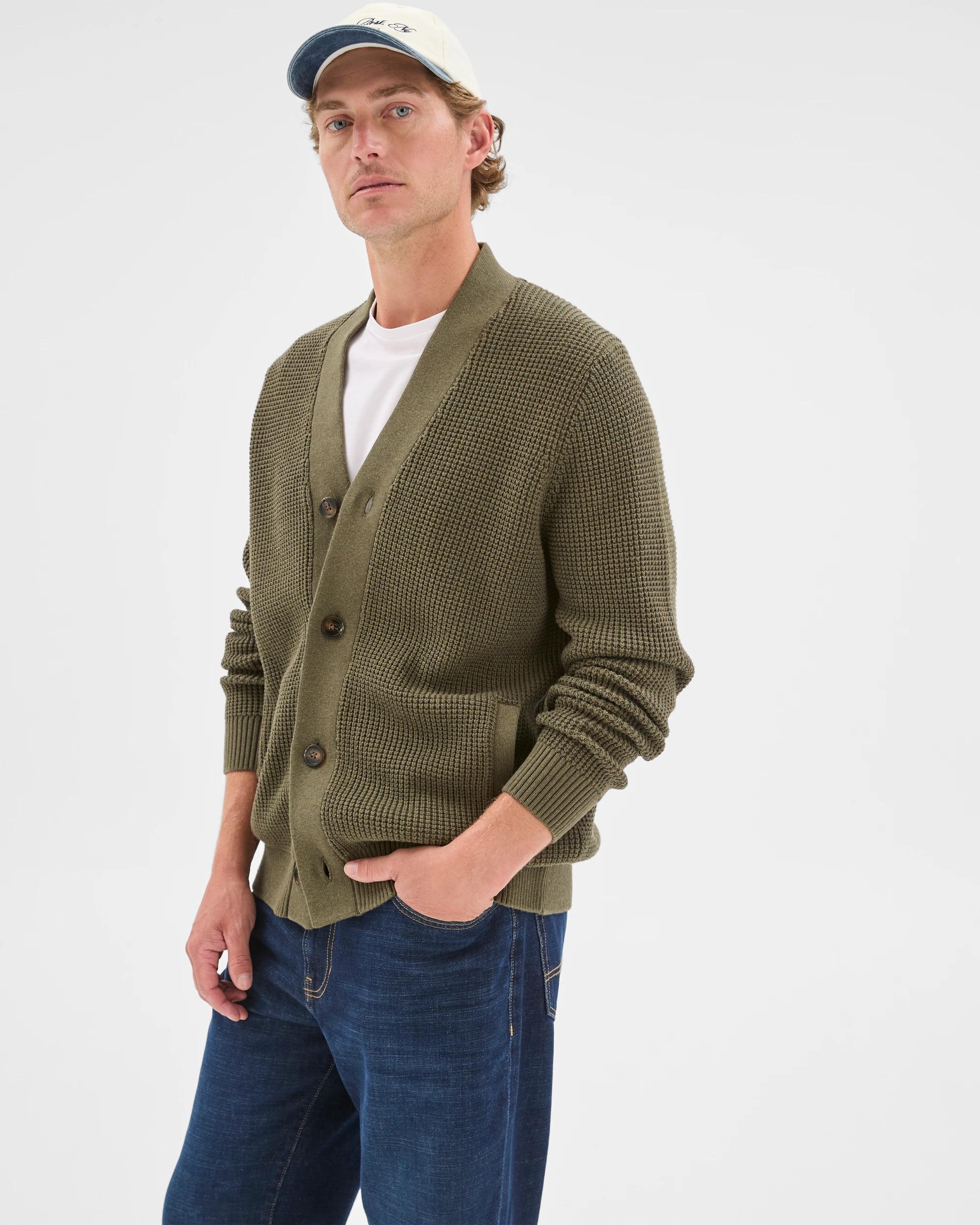 4 Target Man Australian Cotton V-Neck Waffle Knit Cardigan KHAKI, 4 of 6