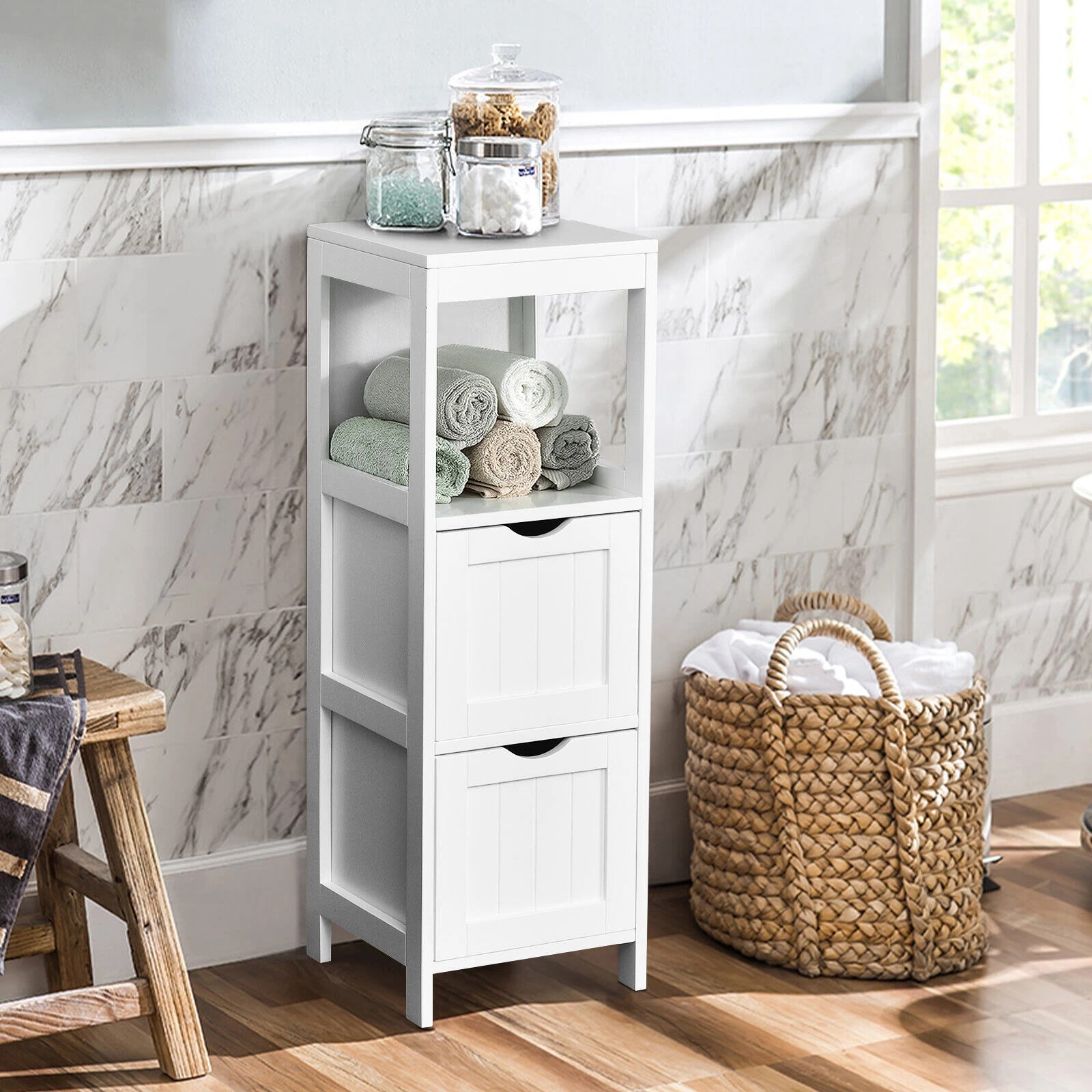 2 Costway Wooden Floor Storage Cabinet Corner Unit Organizer w/2 Drawers, 2 of 5