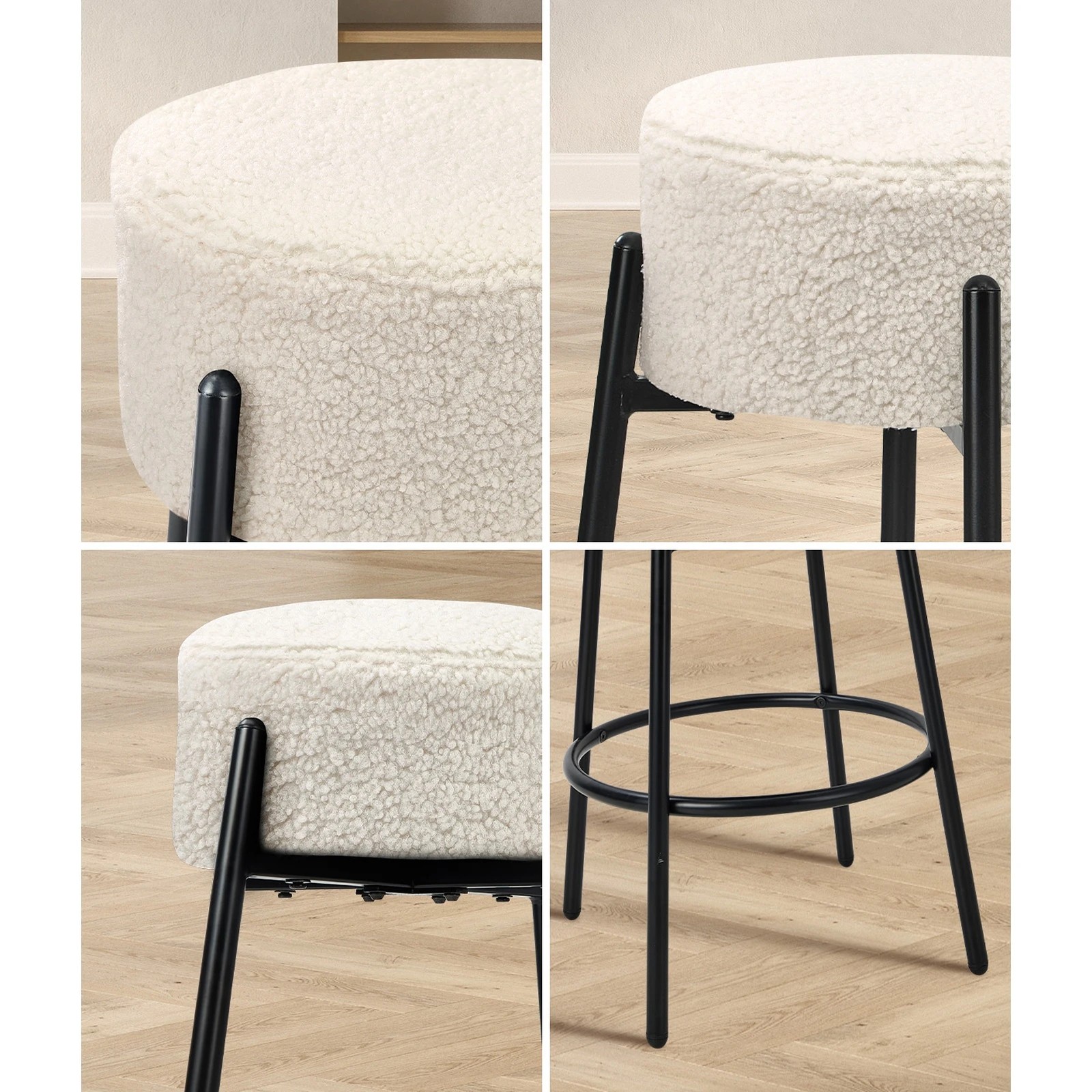 4 Oikiture 4x Bar Stools Kitchen Dining Chair Round Stool Boucle Fabric
 - White, 4 of 10