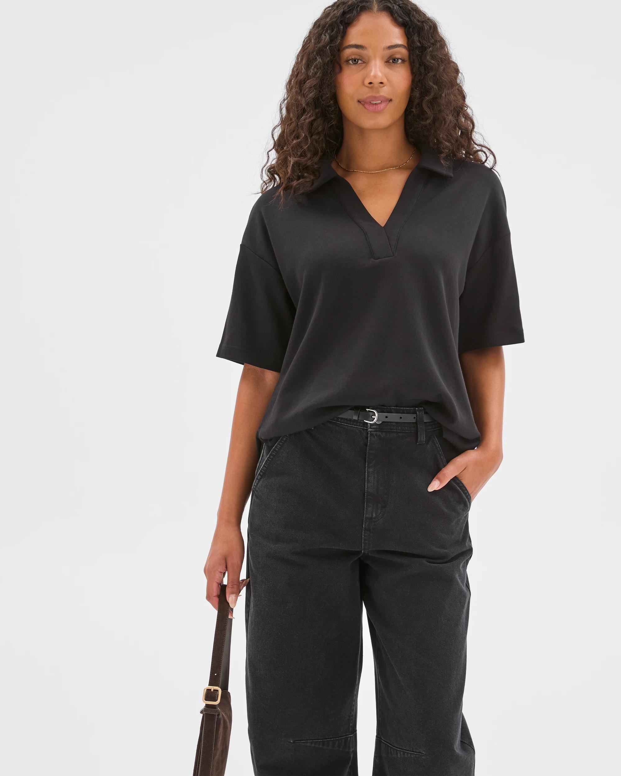 3 Target Woman Australian Cotton Blend Interlock Polo Neck T-Shirt BLACK, 3 of 7