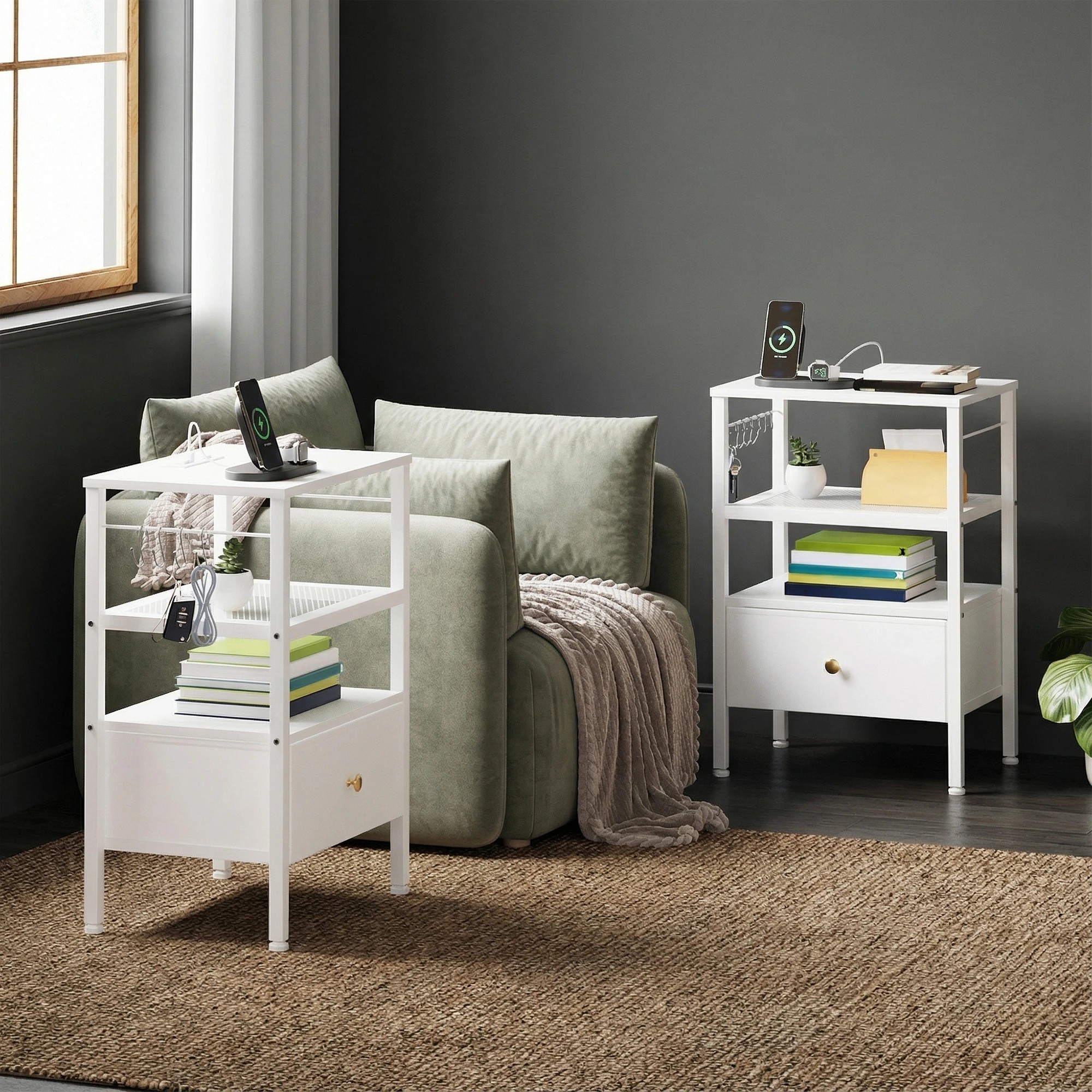 7 Advwin Set of 2 Bedside Table with Charging Station LED Lights Drawer - White, 7 of 7