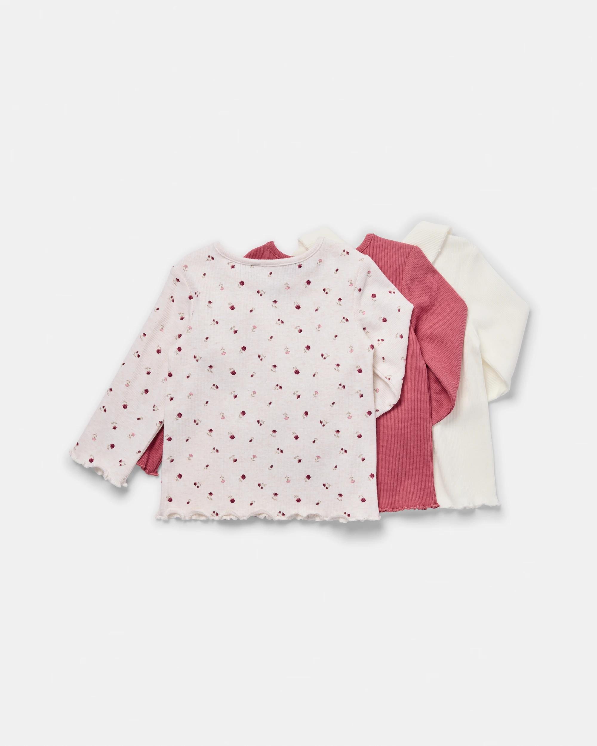 2 3 Pack Cotton Long Sleeve Rib T-shirts Wht Florl, 2 of 7