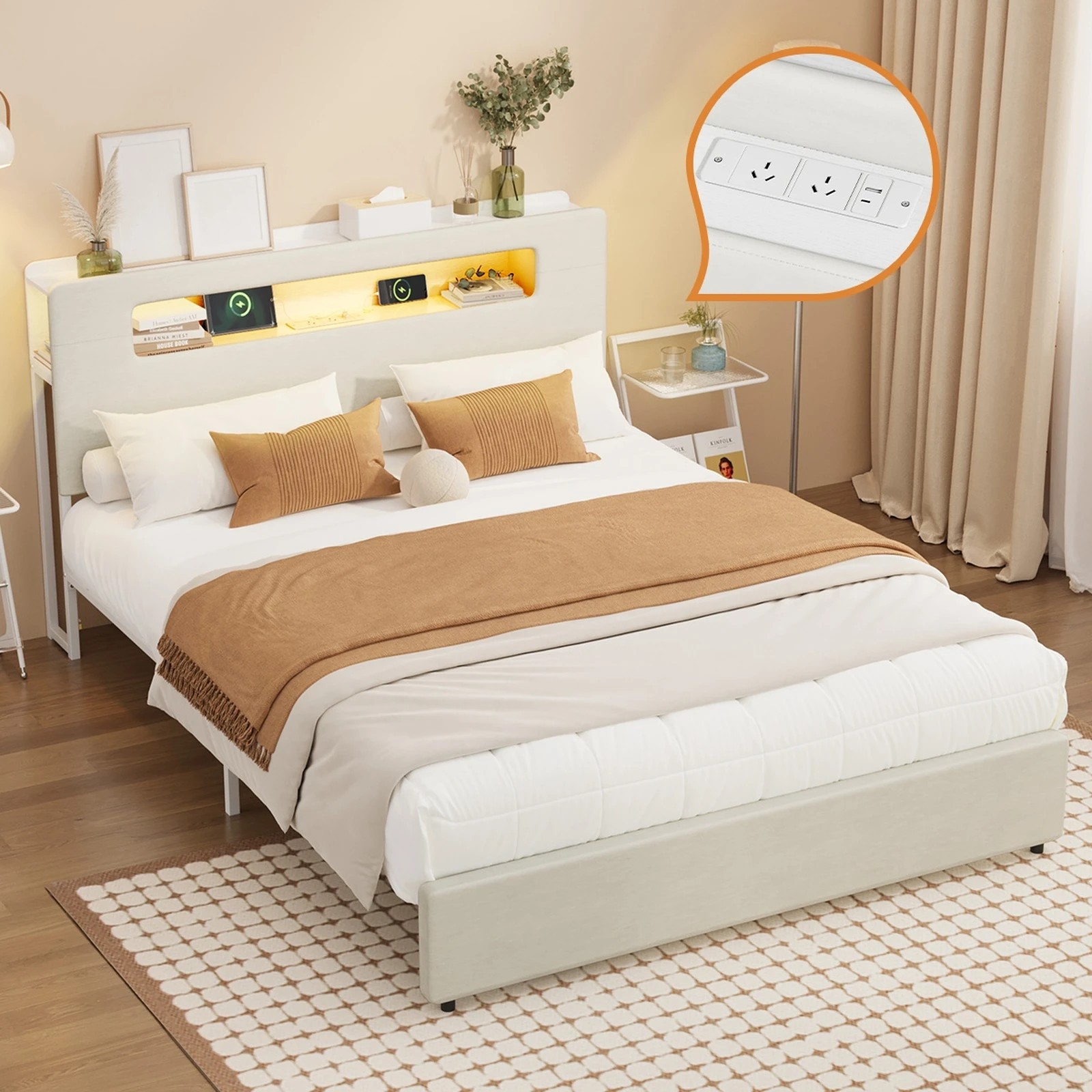 3 Oikiture Bed Frame Queen Size with LED Lights USB Charging Storage Headboad - White, 3 of 8