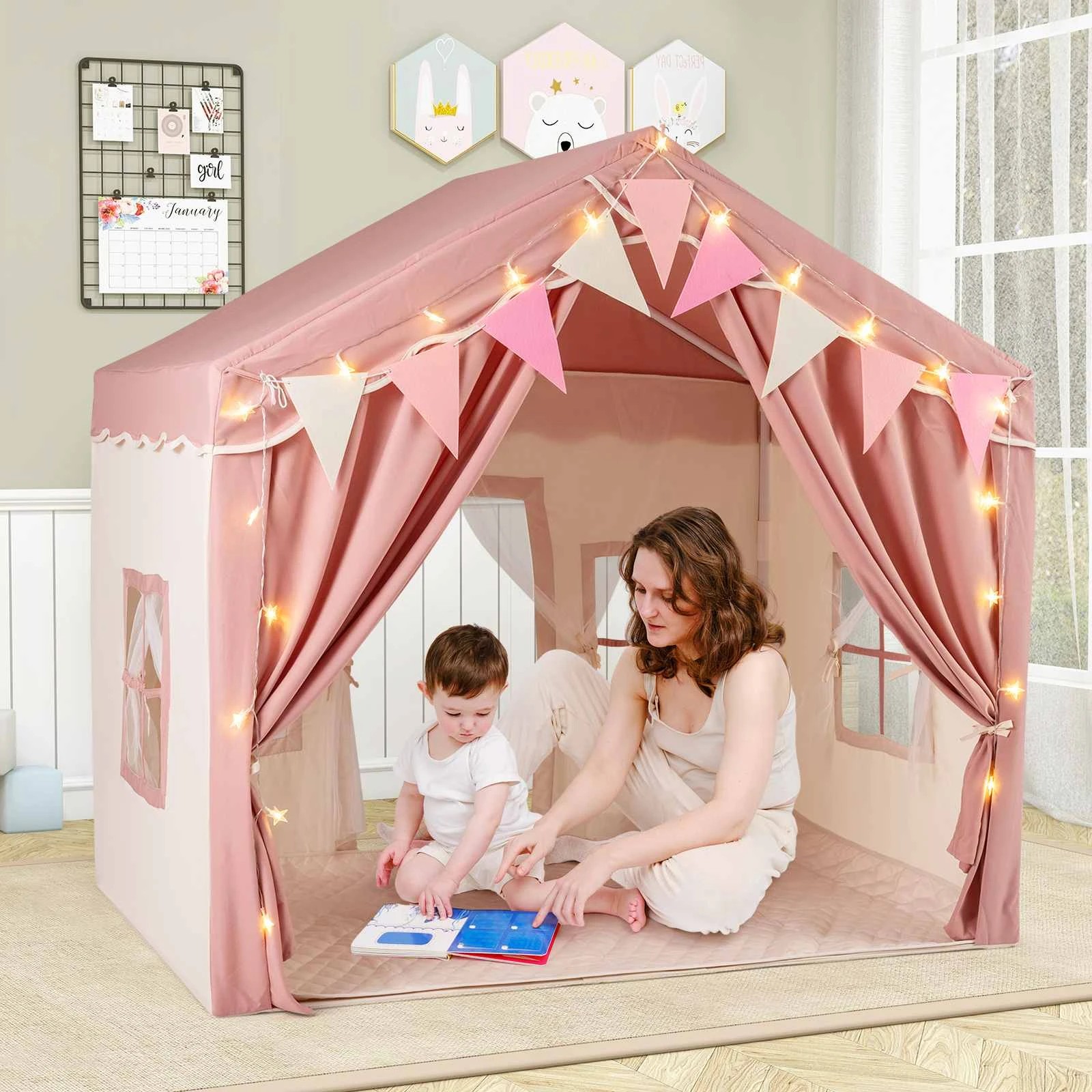 2 Costway Skin-Friendly Large Play Tent House w/Star Lights - Pink, 2 of 2