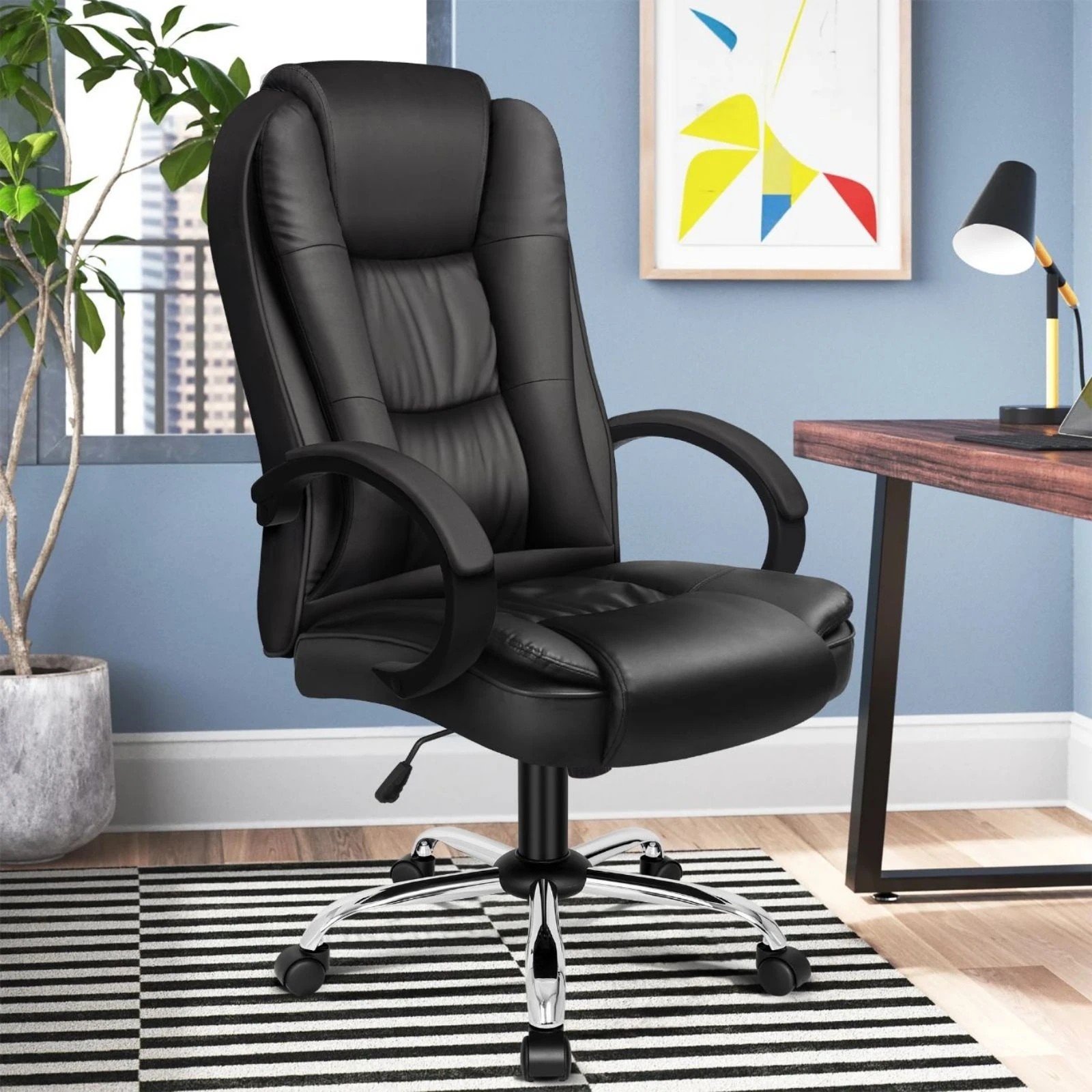 10 Alfordson Executive Office Chair PU Leather Computer Gaming Racer Black Seat - Black, 10 of 10