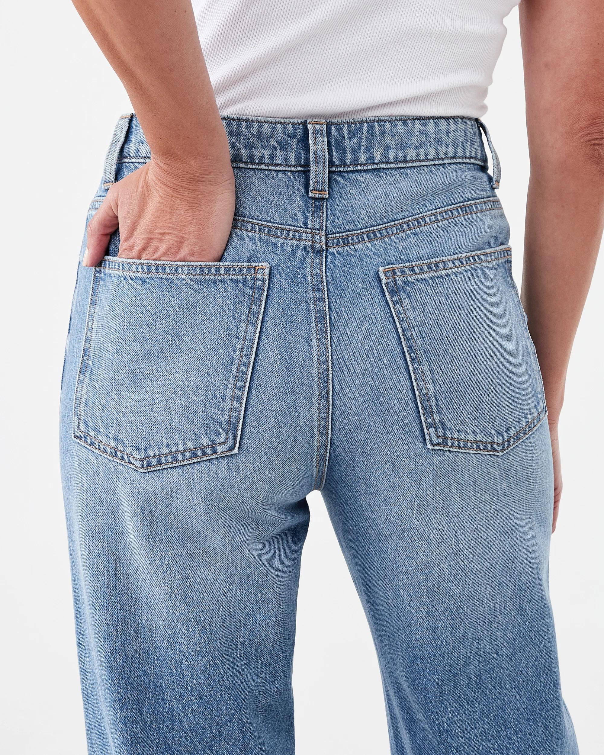 6 Straight Leg Undone Hem Jeans Mid Wash, 6 of 7