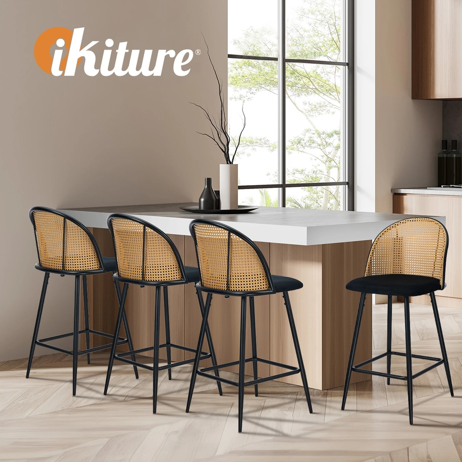 5 Oikiture Bar Stools Kitchen Counter Stool Rattan Dining Chair Velvet X2
 - Black, 5 of 10