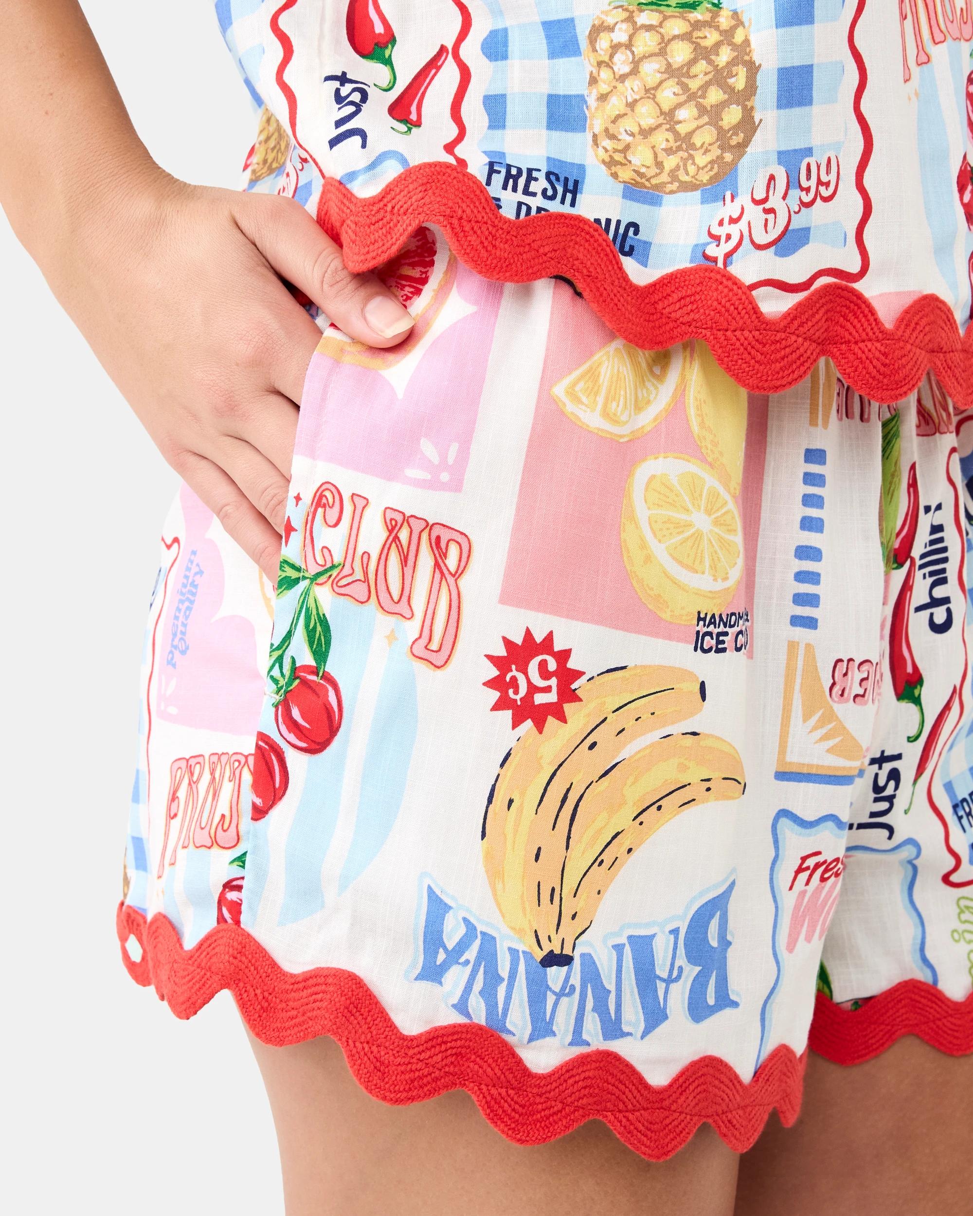 8 Short Sleeve Cotton Rick Rack Pyjama Set Sum Fruit, 8 of 9